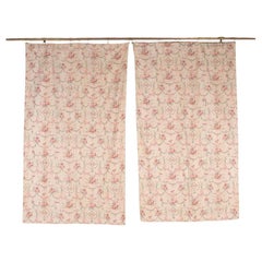 Large Set of 19th Century French Roses & Birds Linen Cotton Curtains