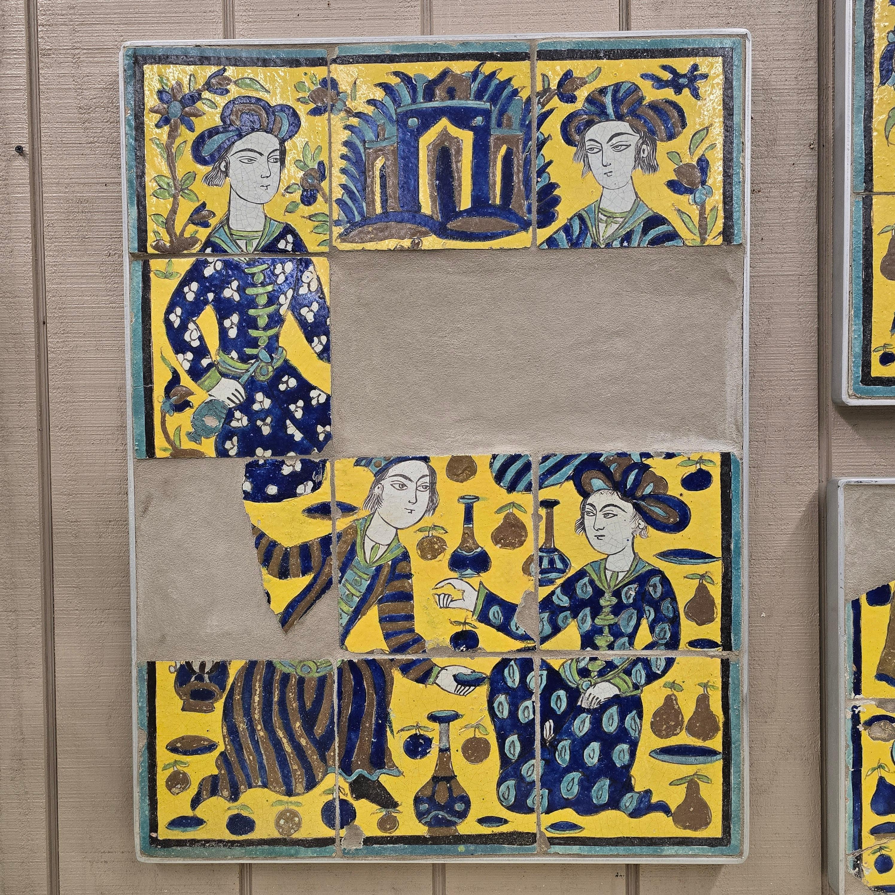 Glazed Large Set of 19th Century Persian Qajar Polychrome Tiles with Courtly Figures For Sale