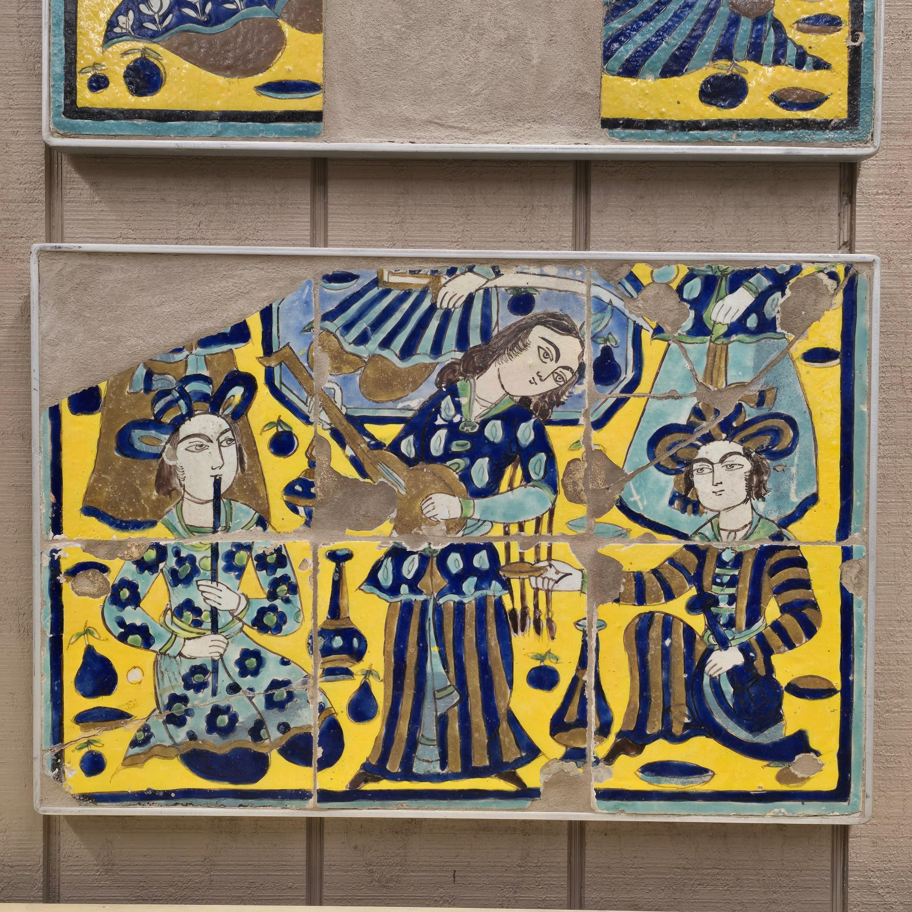 Large Set of 19th Century Persian Qajar Polychrome Tiles with Courtly Figures In Distressed Condition For Sale In Kilmarnock, VA