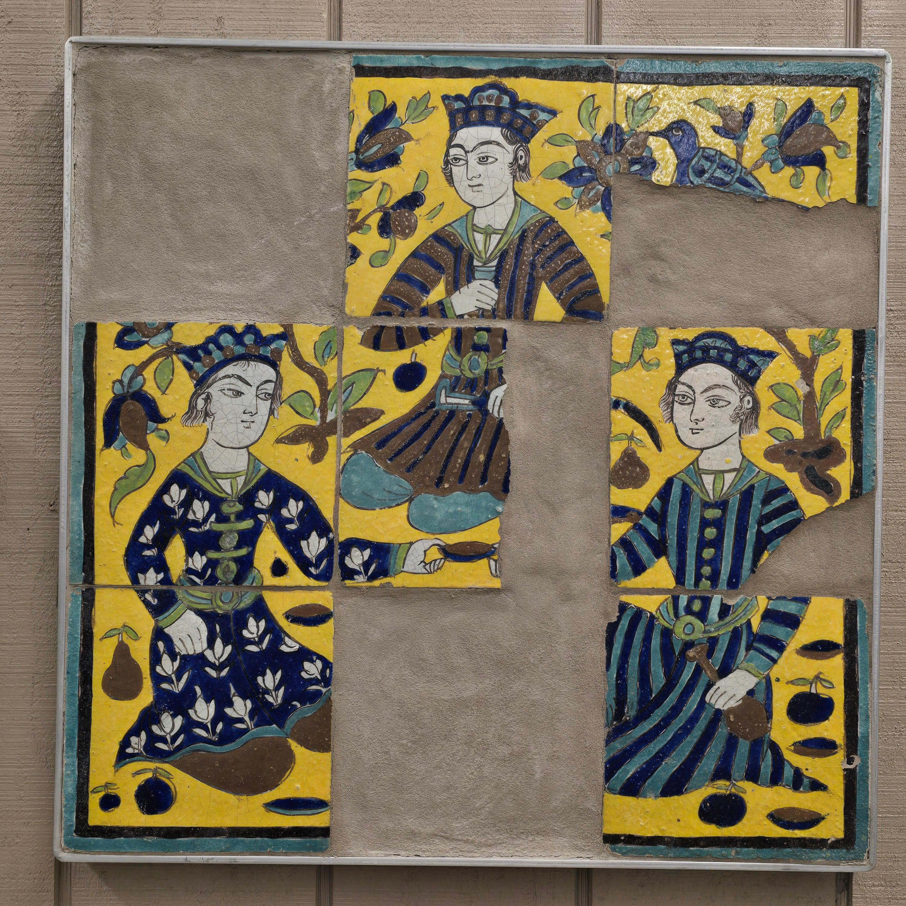 Aluminum Large Set of 19th Century Persian Qajar Polychrome Tiles with Courtly Figures For Sale