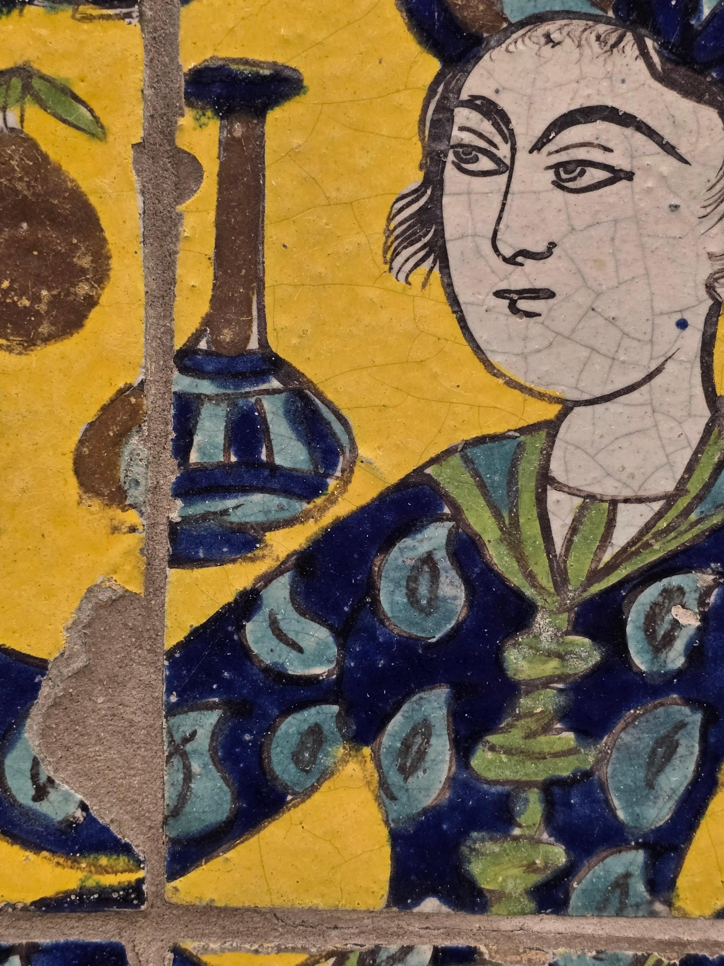 Large Set of 19th Century Persian Qajar Polychrome Tiles with Courtly Figures For Sale 1