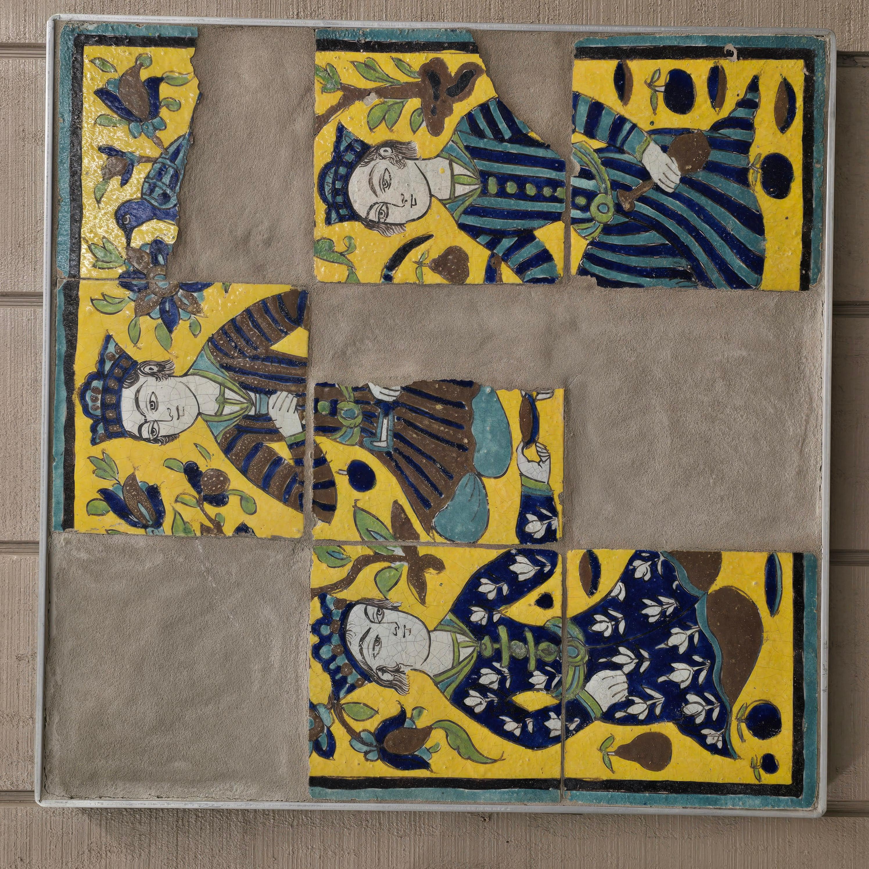 Large Set of 19th Century Persian Qajar Polychrome Tiles with Courtly Figures For Sale 2