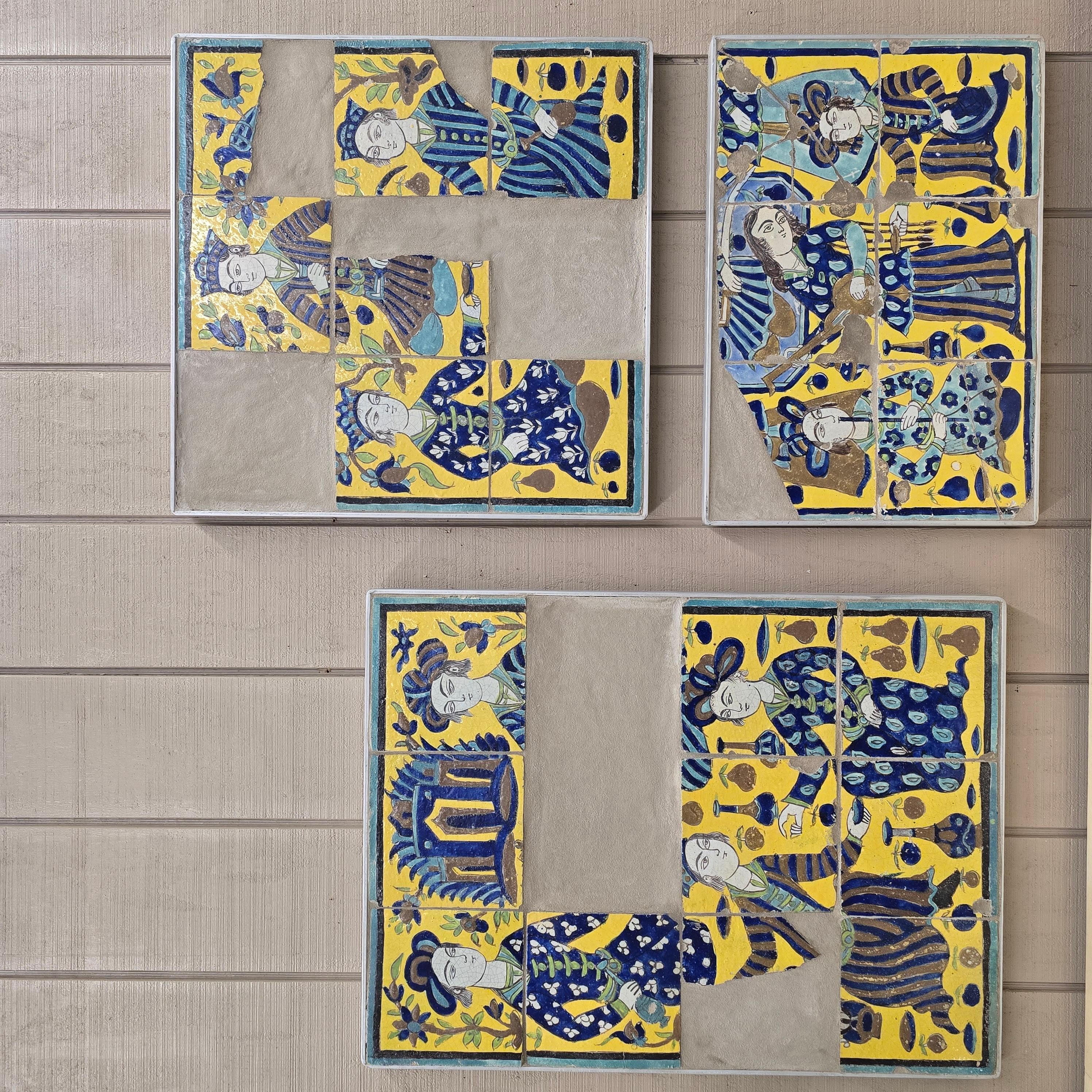 Large Set of 19th Century Persian Qajar Polychrome Tiles with Courtly Figures For Sale 3