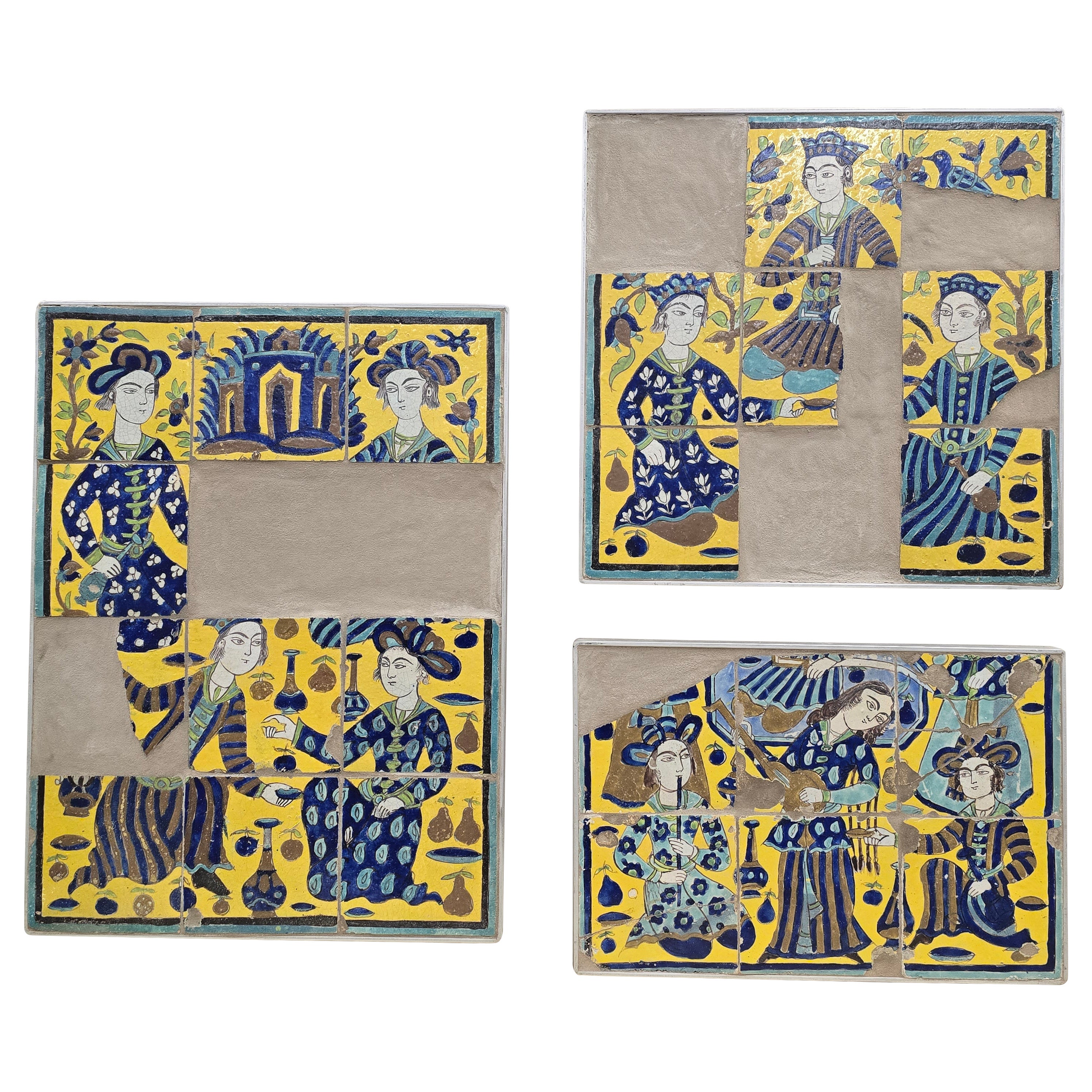 Large Set of 19th Century Persian Qajar Polychrome Tiles with Courtly Figures For Sale