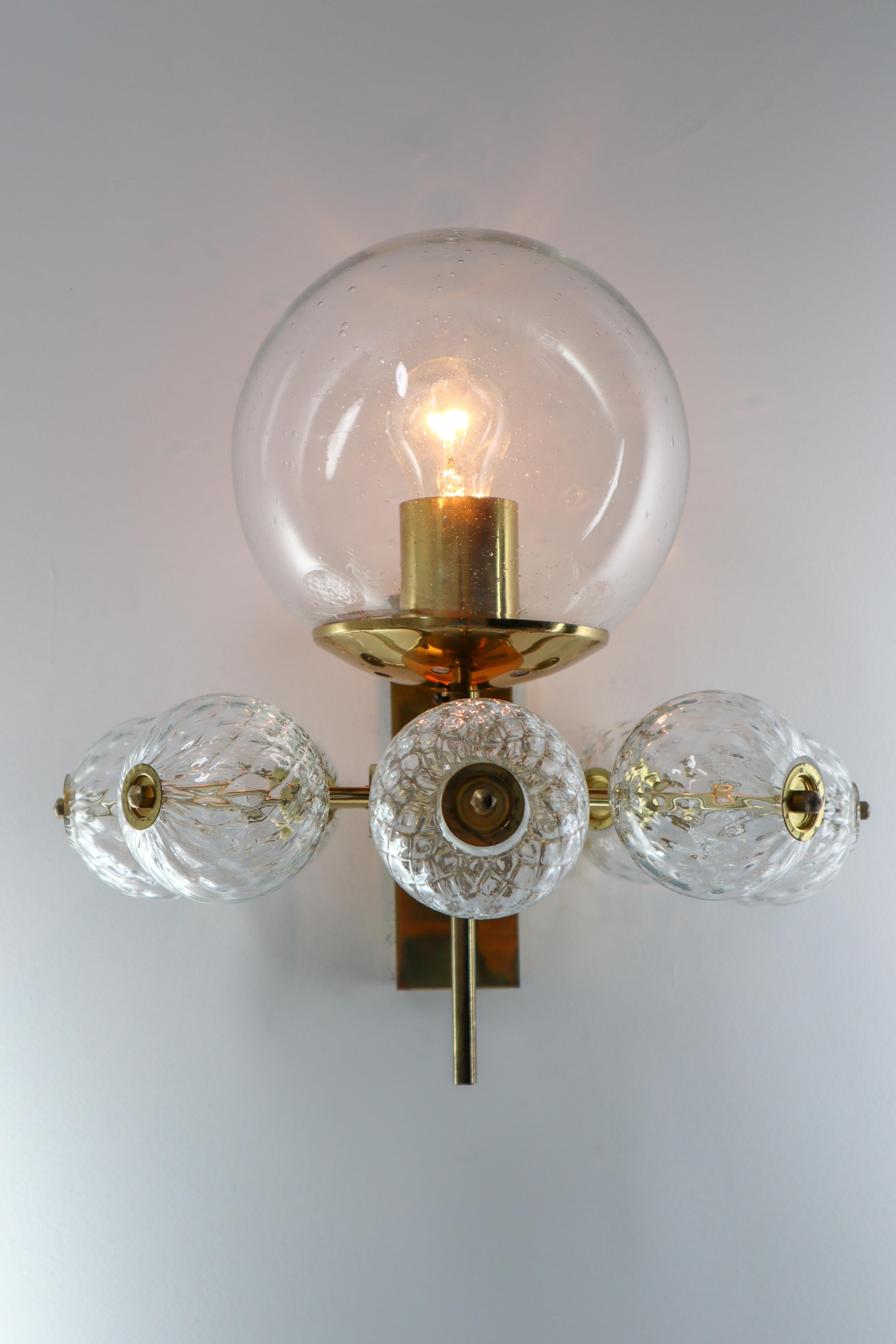 Blown Glass Hotel Wall Chandeliers with Brass Fixture, European, 1970s For Sale