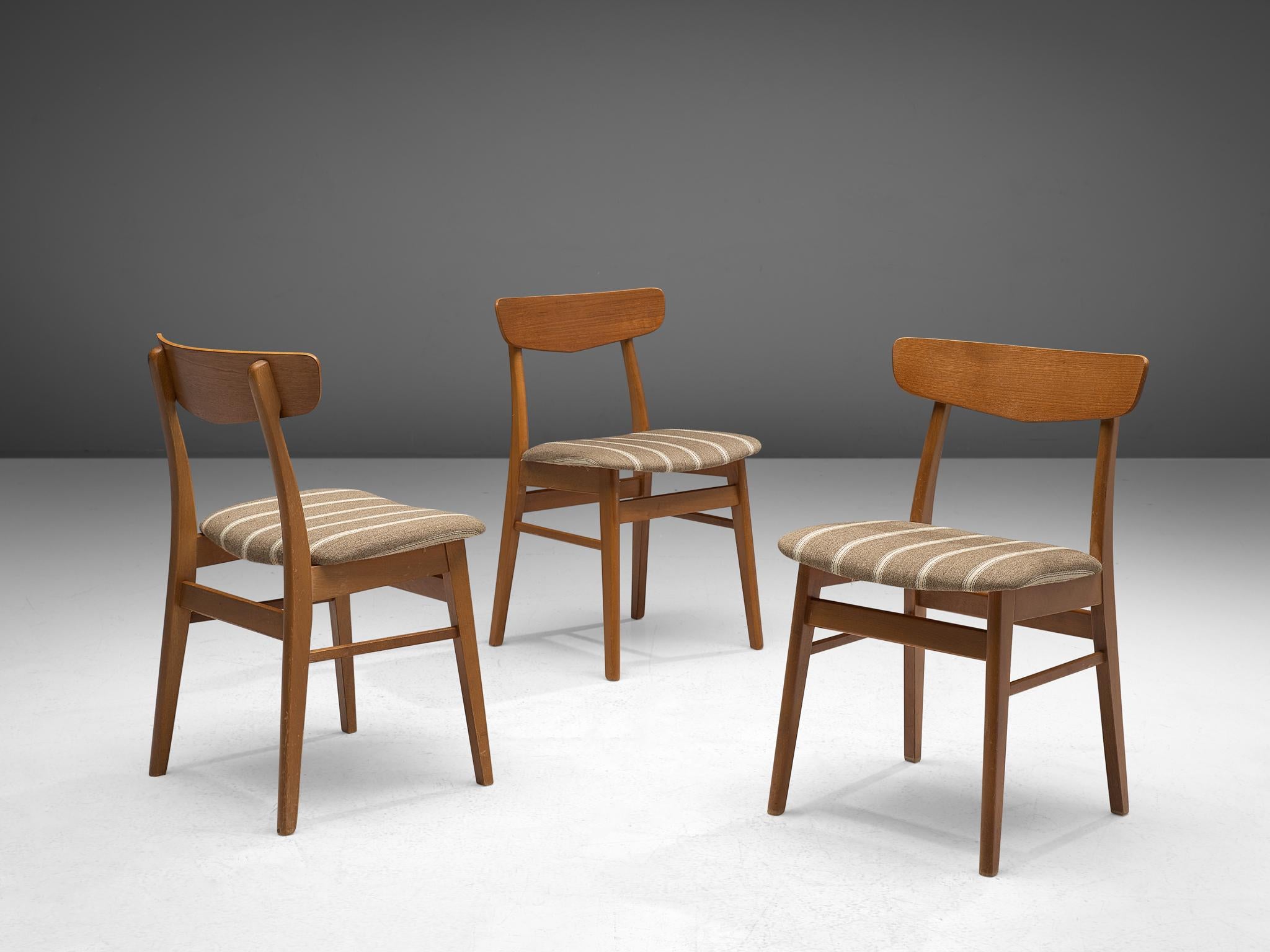 Scandinavian Modern Danish Dining Chairs in Teak and Beige Striped Upholstery