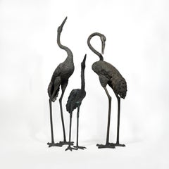 Large Set of 3 Mid Century Life Size Heron Crane Family Bronze Sculptures, 1970s