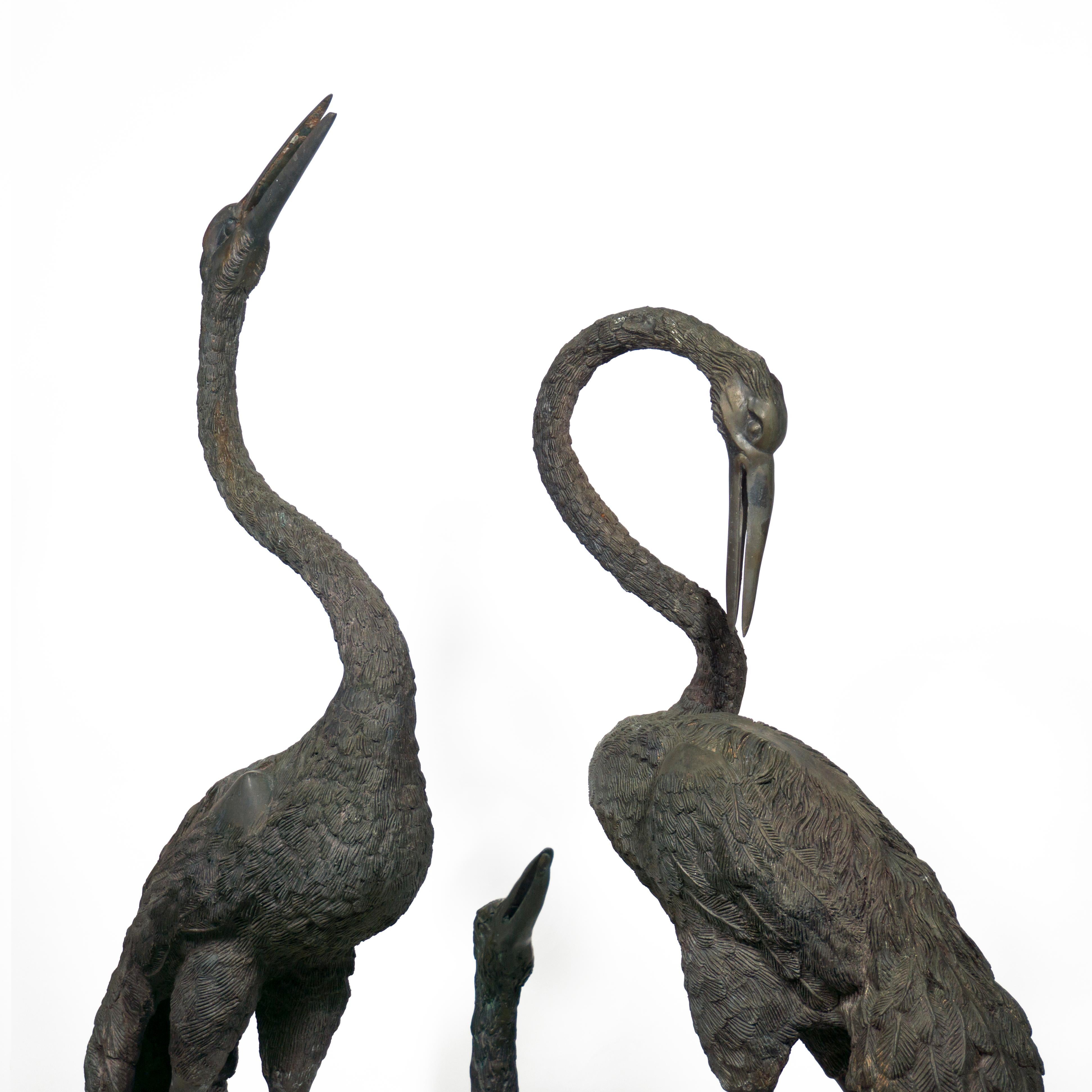 European Large Set of 3 Mid Century Life Size Heron Crane Family Bronze Sculptures, 1970s