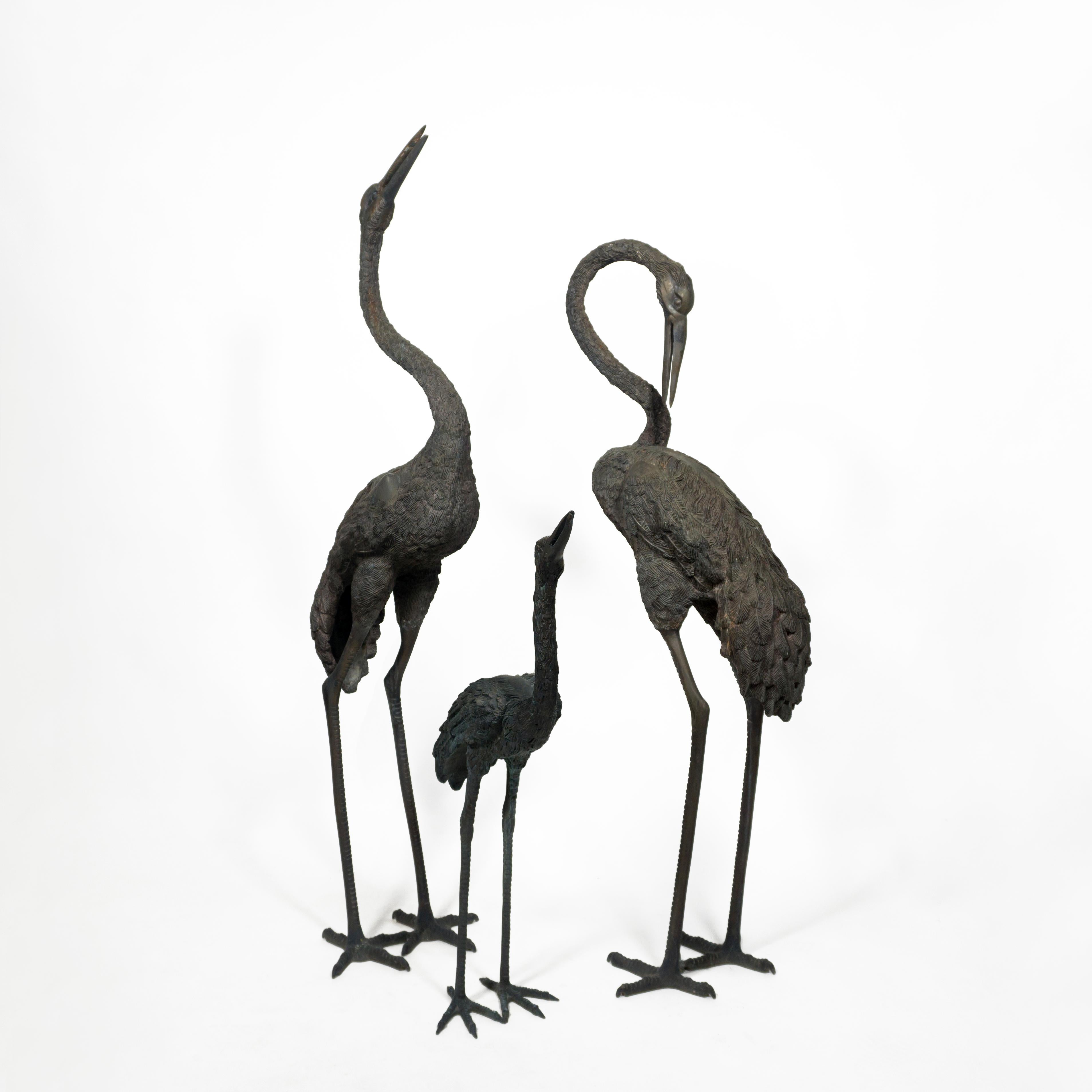Mid-Century Modern Large Set of 3 Mid Century Life Size Heron Crane Family Bronze Sculptures, 1970s