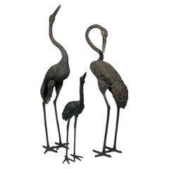 Large Set of 3 Mid Century Life Size Heron Crane Family Bronze Sculptures, 1970s