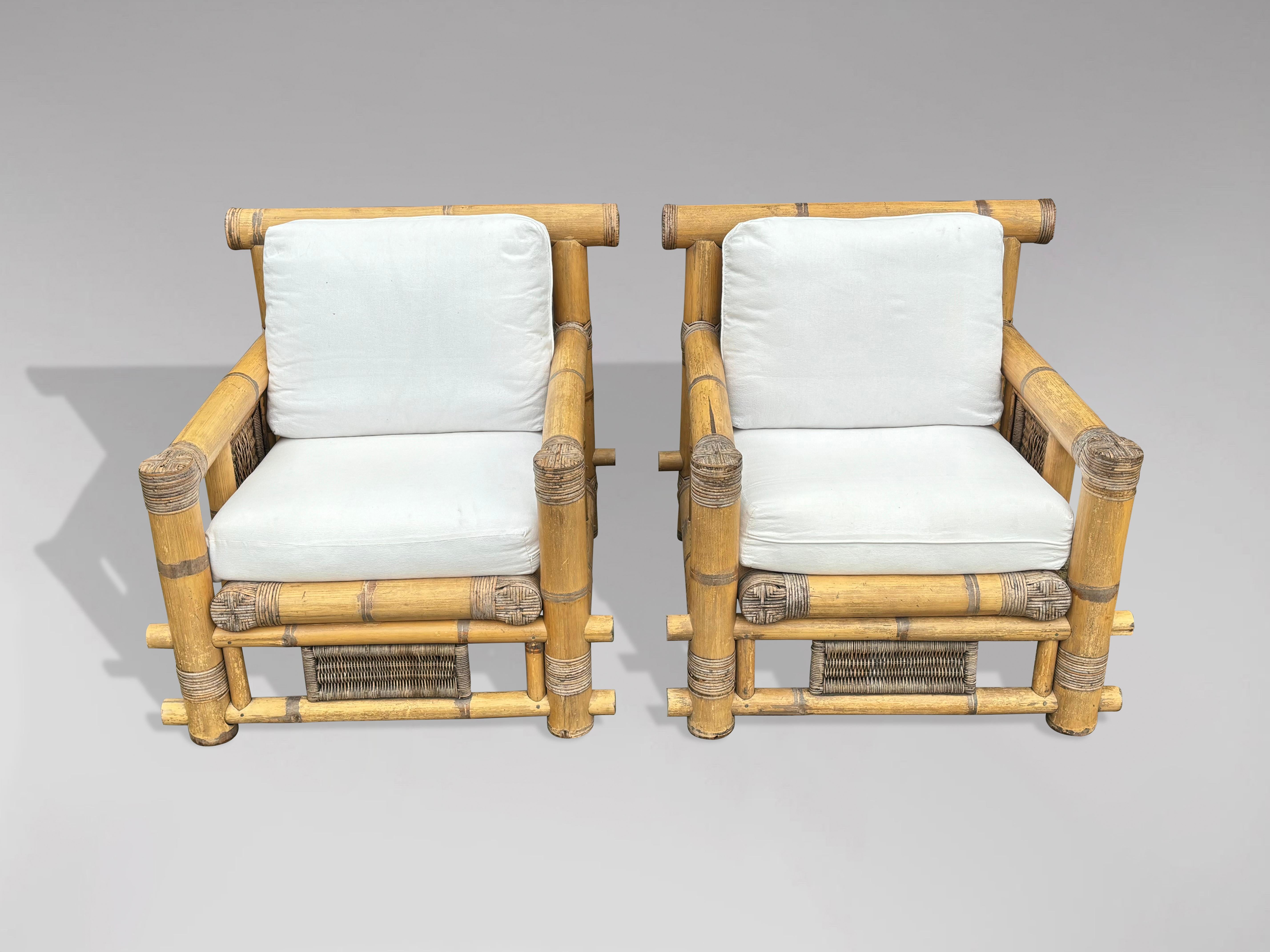 Organic Modern Set of 4 Large Bamboo Pagoda Lounge Armchairs For Sale