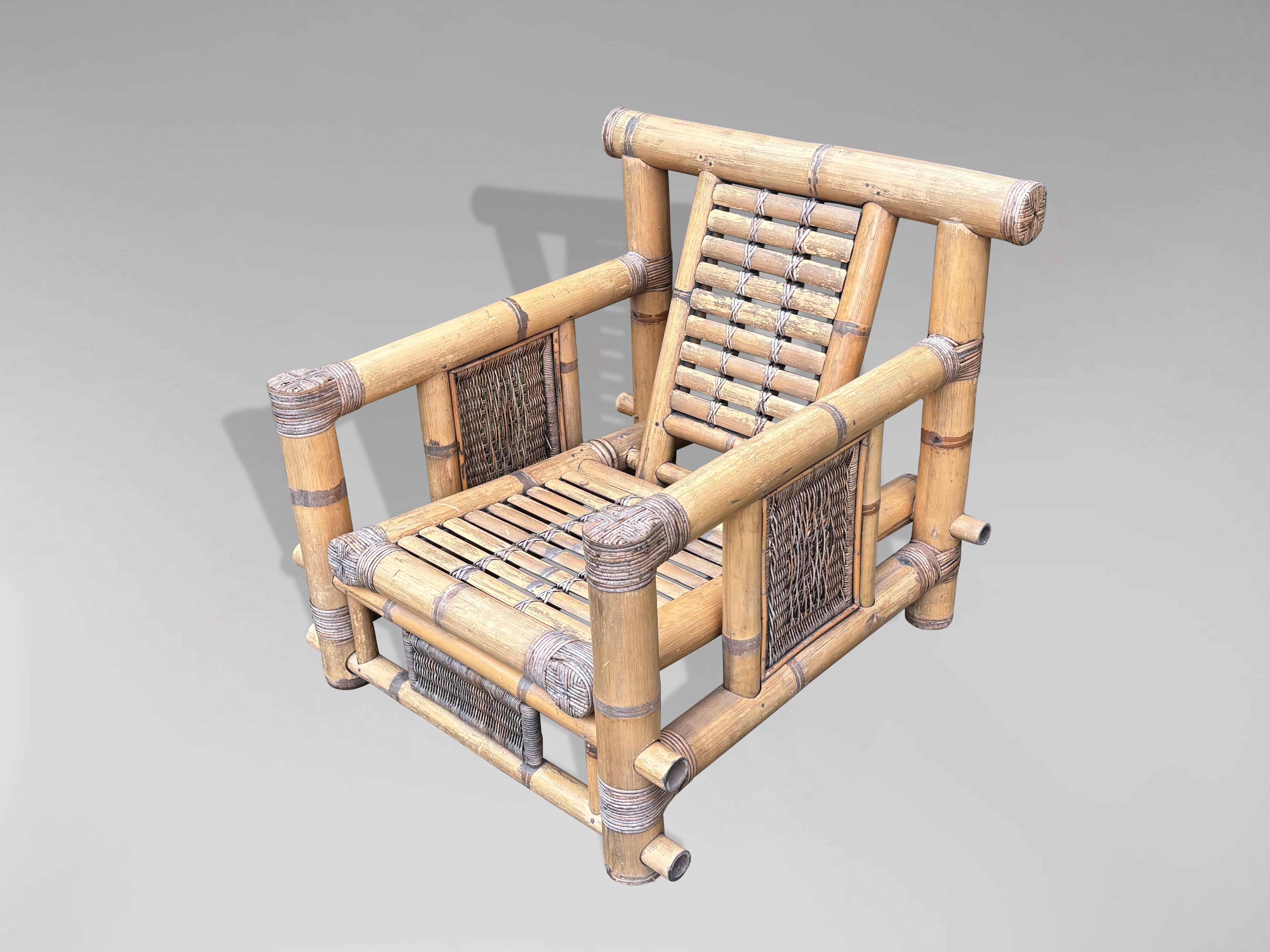 Hand-Crafted Set of 4 Large Bamboo Pagoda Lounge Armchairs For Sale