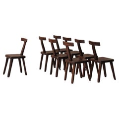 Large set of 8 Brutalist wooden T chairs by Aranjou, France 1960s.