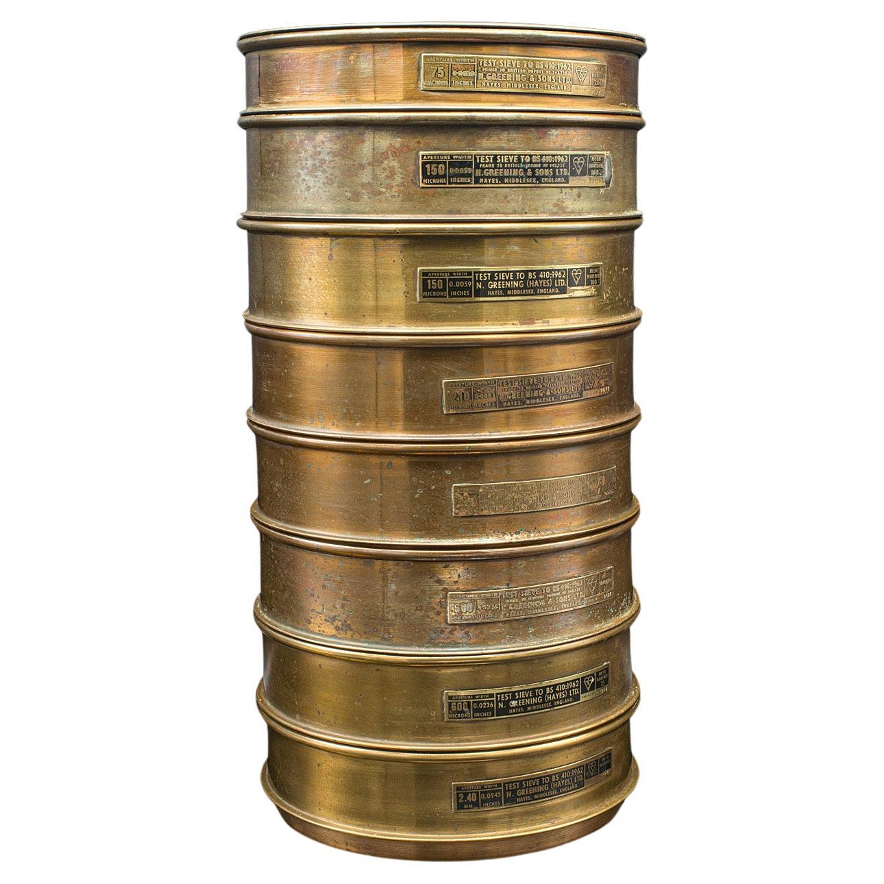 Large Set of 8 Vintage Lab Sieves, English, Brass, Stacking, Scientific, C.1965 For Sale