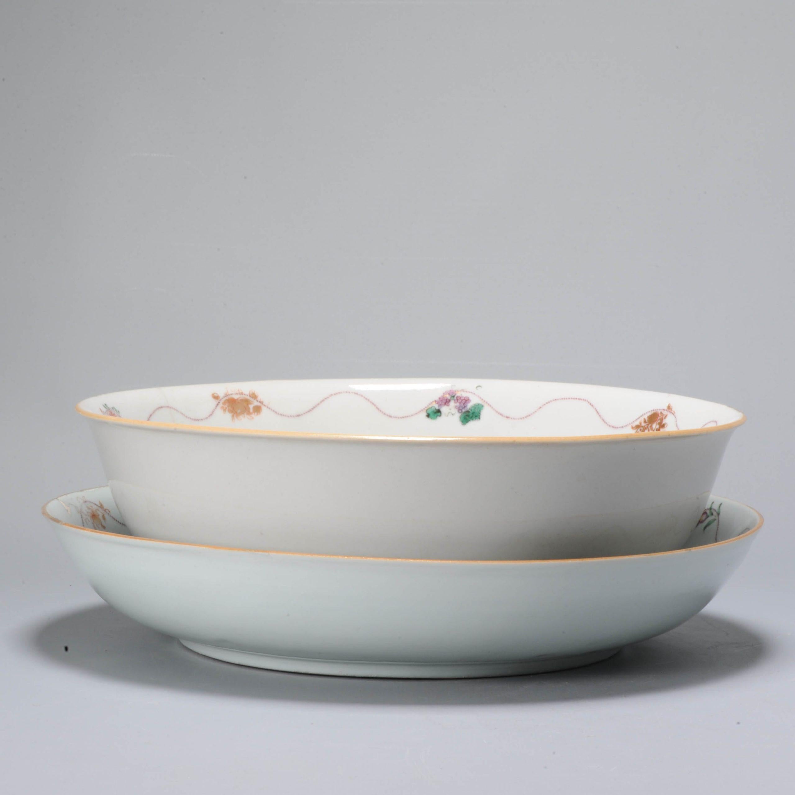 Extremely well decorated bowl and dish. Late Qianlong with a very detailed floral decoration in the style of Giles. Lovely pieces and very decorative.

Additional information:
Material: Porcelain & Pottery
Region of Origin: China
Emperor: Qianlong