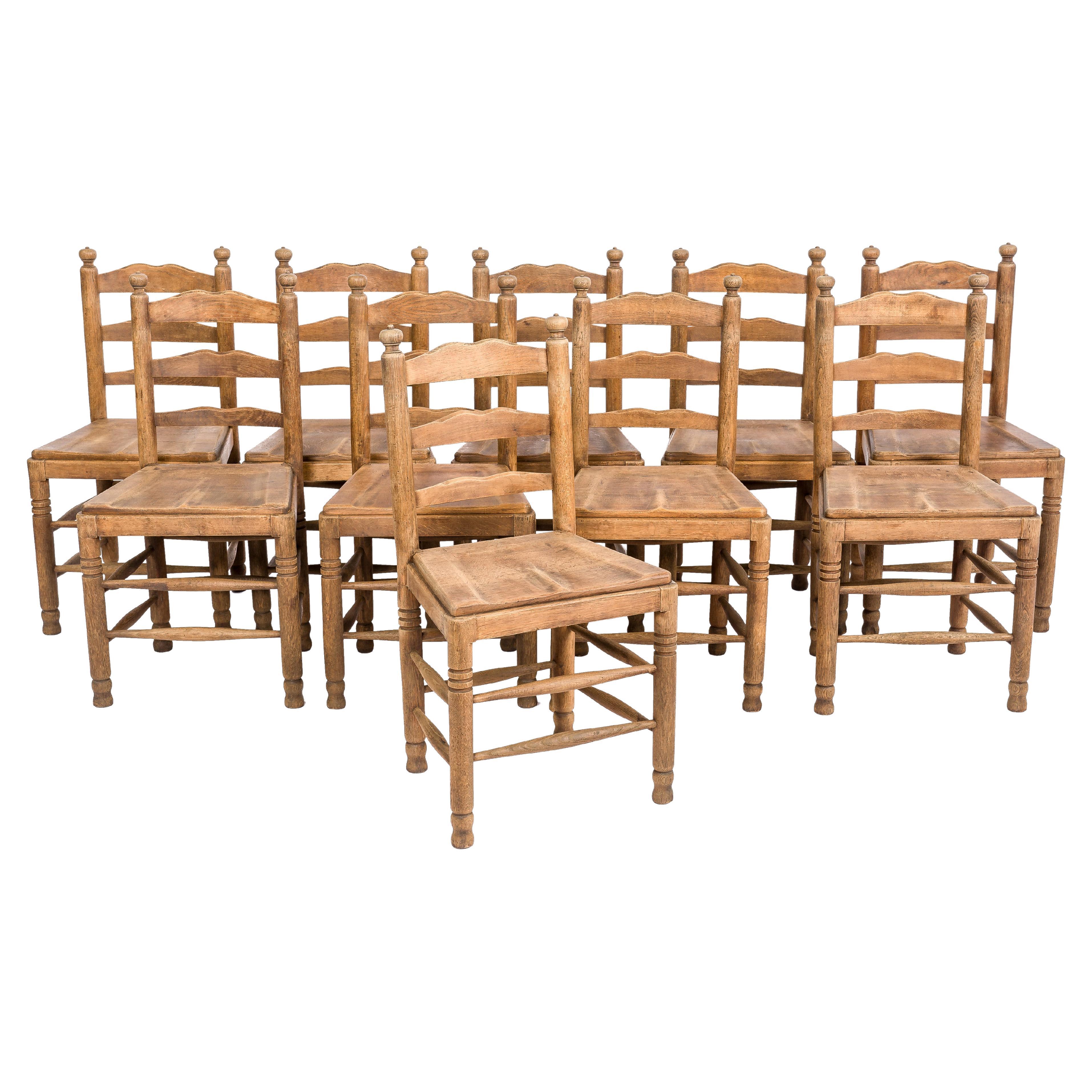Large Set of Antique Solid Oak French Monastery Dining Chairs Up to 42 Pieces For Sale