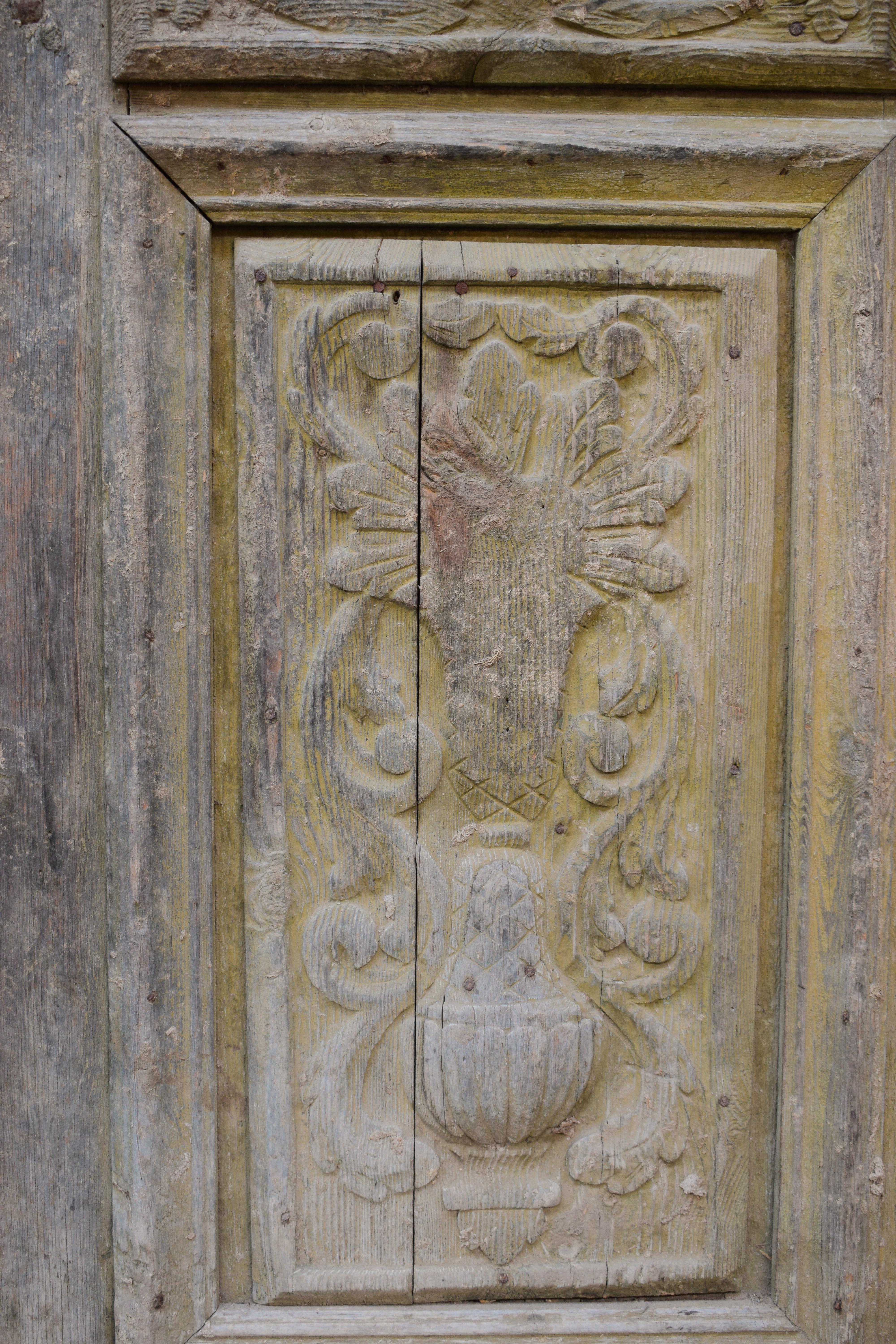 Large Set of Art Nouveau Antique Exterior Doors with Carved Panels 8