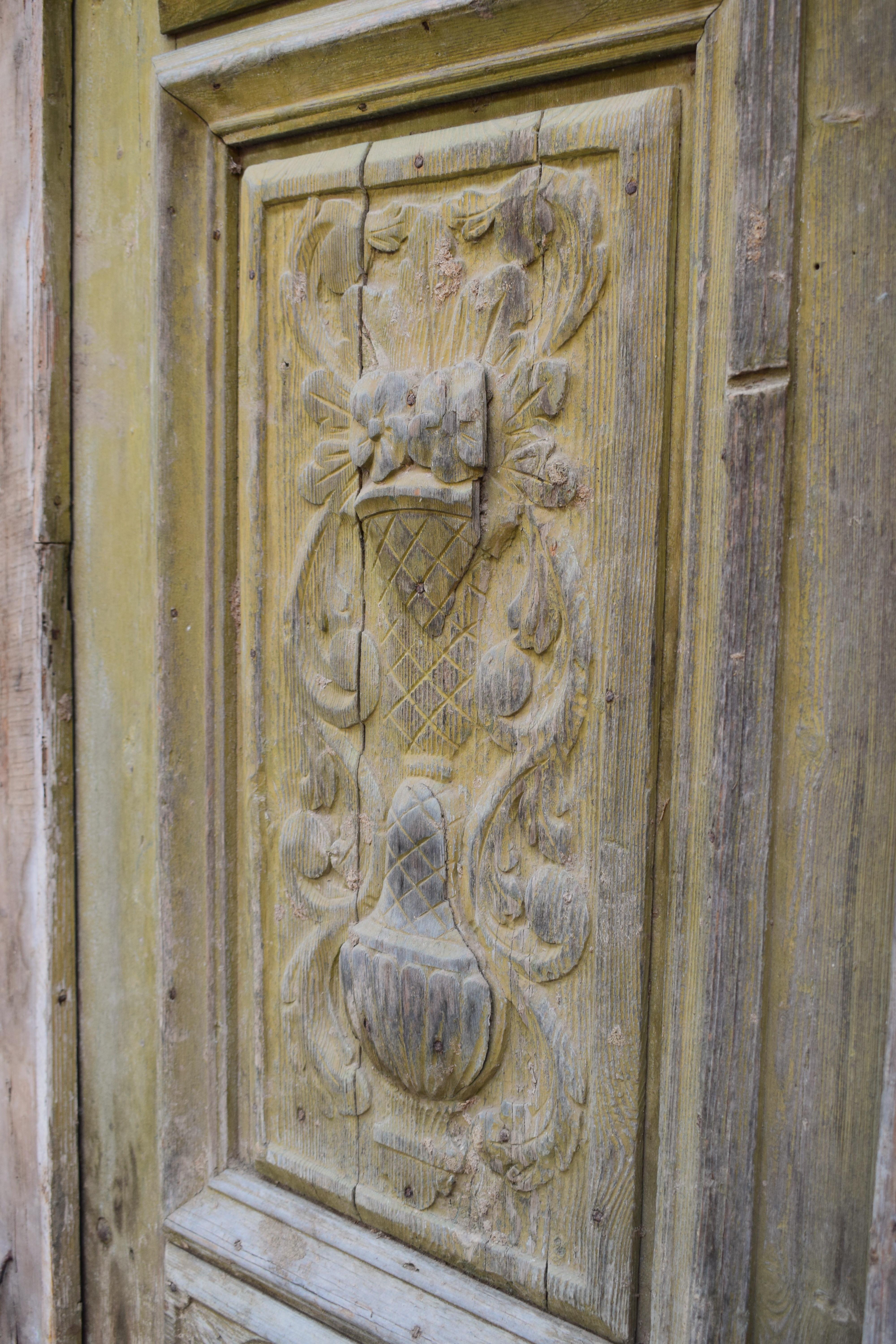 Large Set of Art Nouveau Antique Exterior Doors with Carved Panels 9