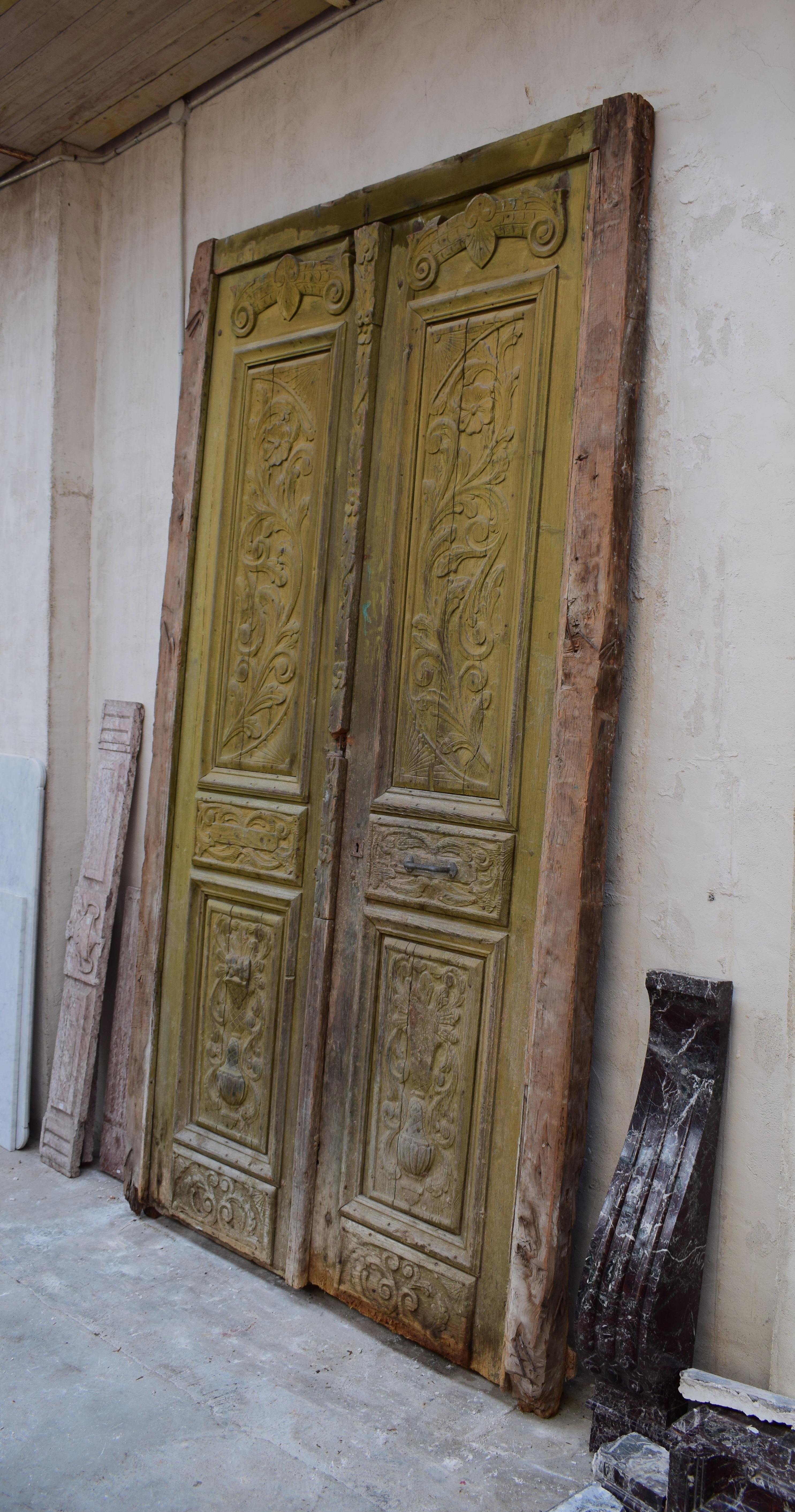 Large Set of Art Nouveau Antique Exterior Doors with Carved Panels 10