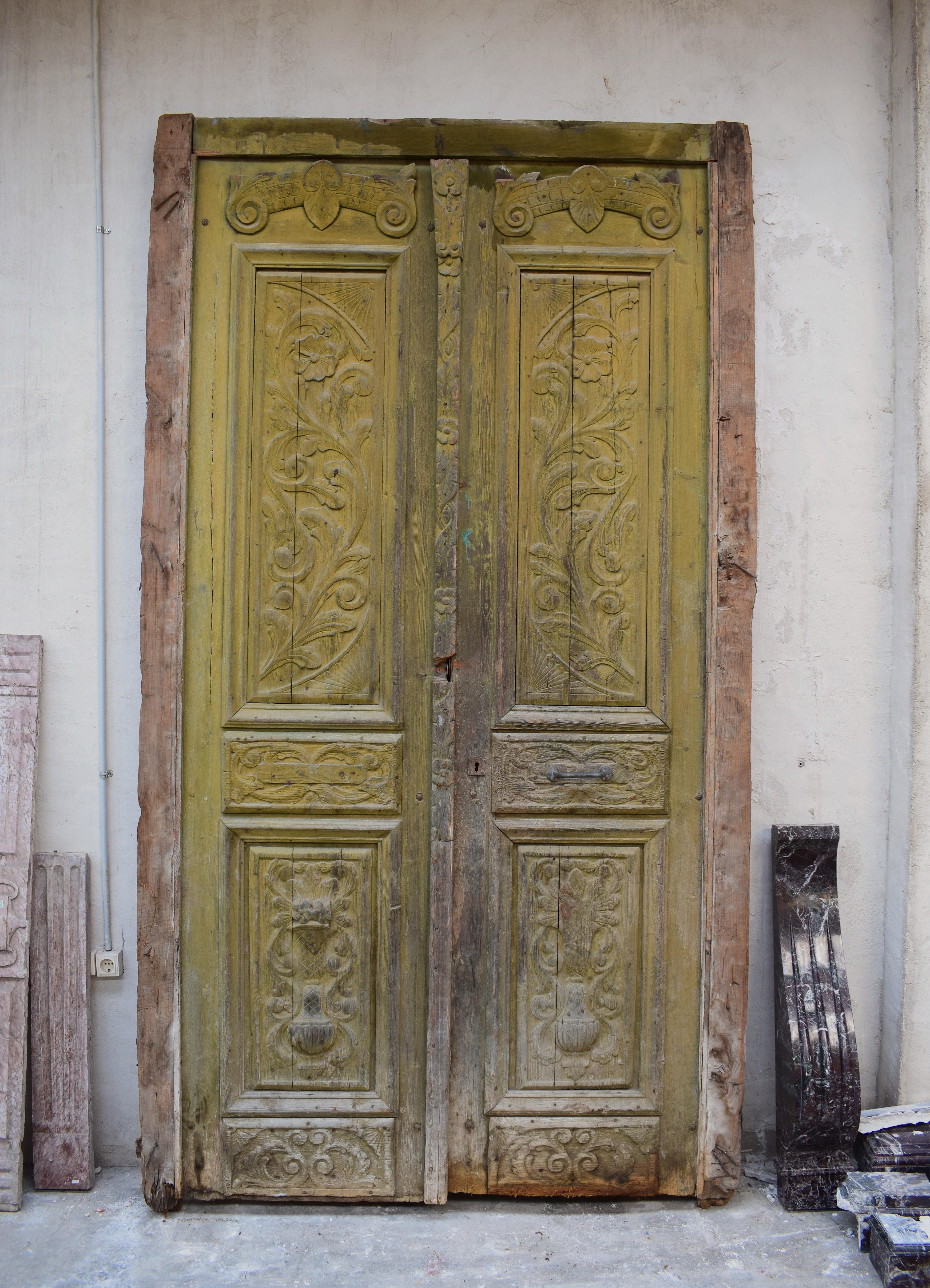 European Large Set of Art Nouveau Antique Exterior Doors with Carved Panels