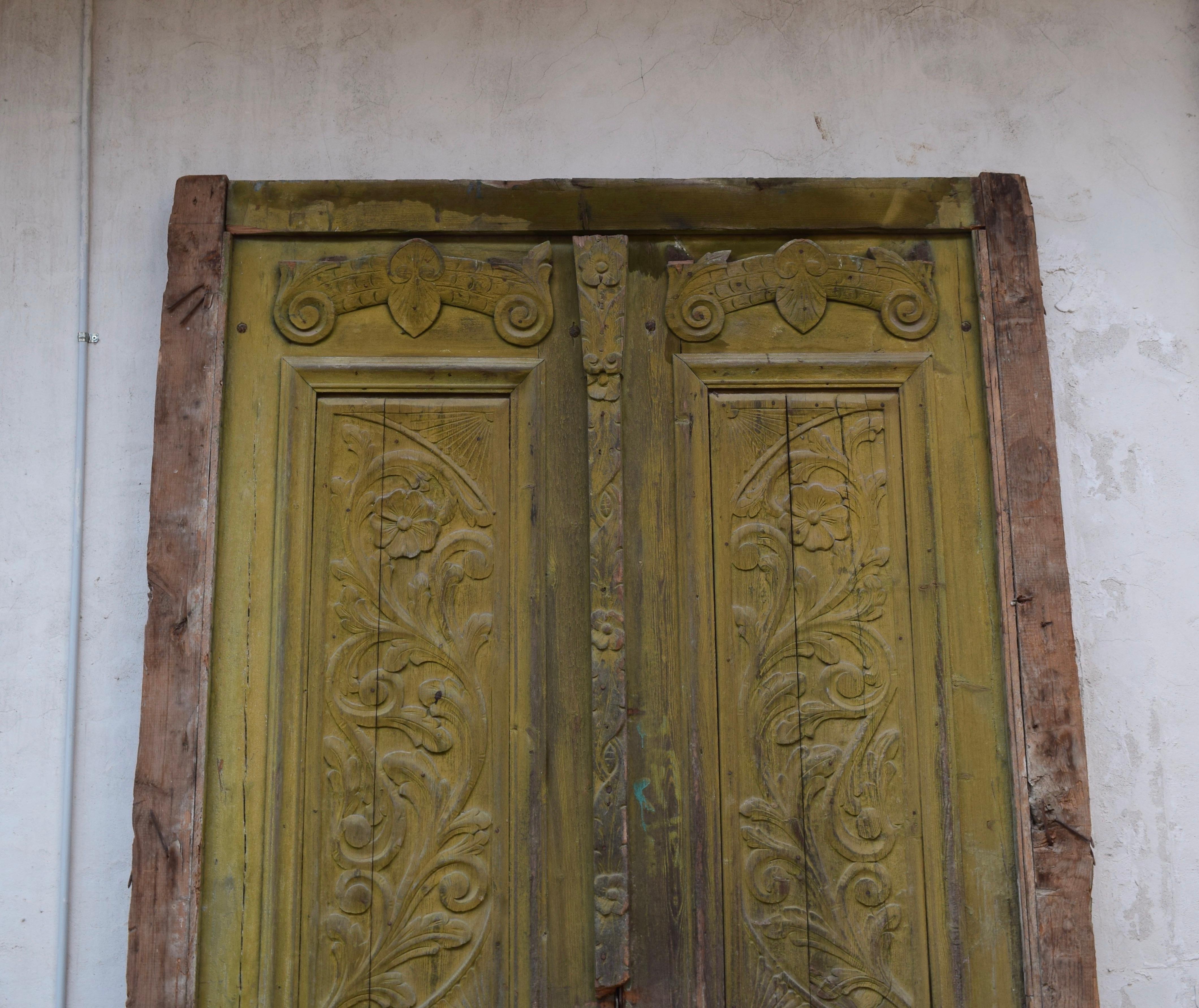 Hand-Carved Large Set of Art Nouveau Antique Exterior Doors with Carved Panels