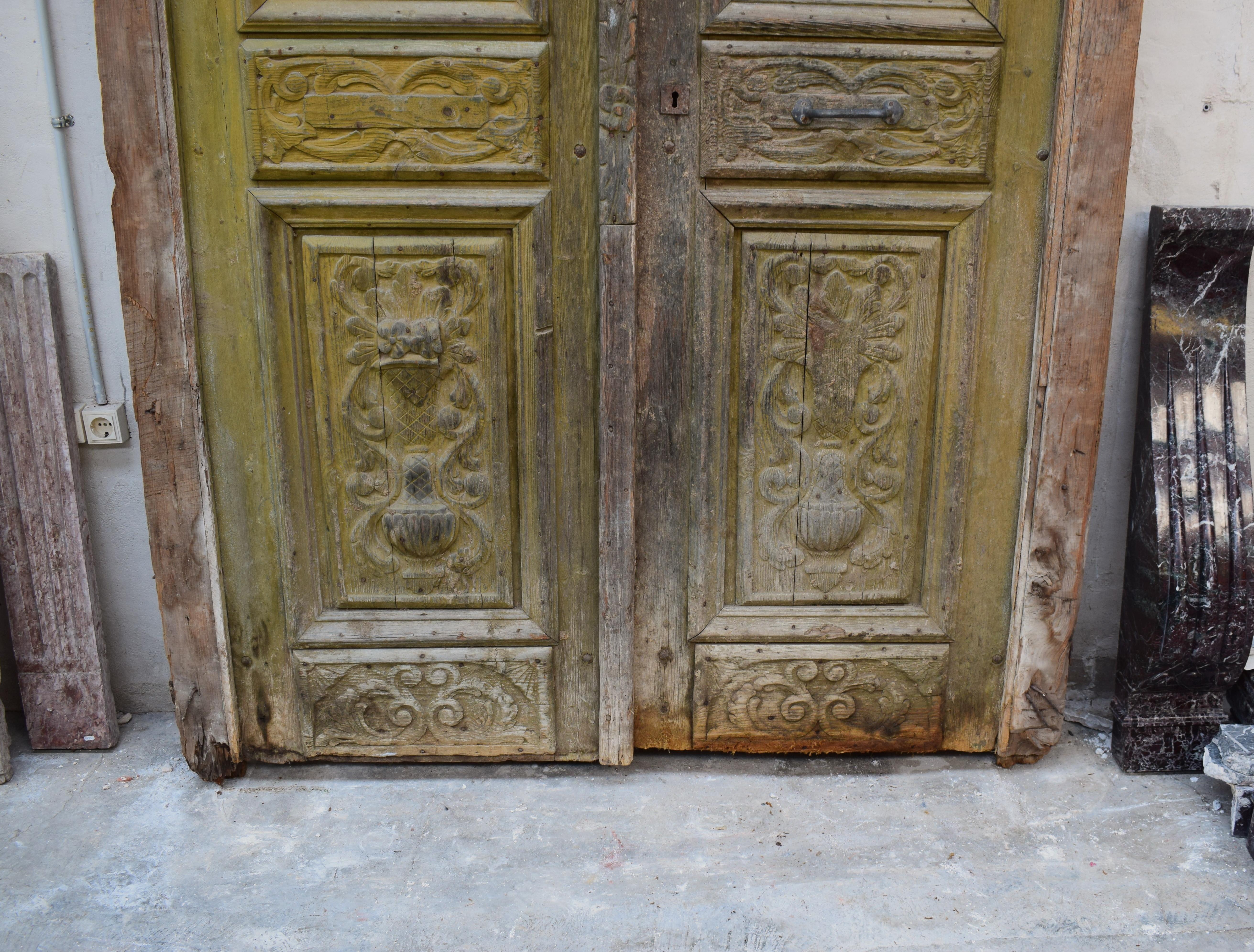 19th Century Large Set of Art Nouveau Antique Exterior Doors with Carved Panels