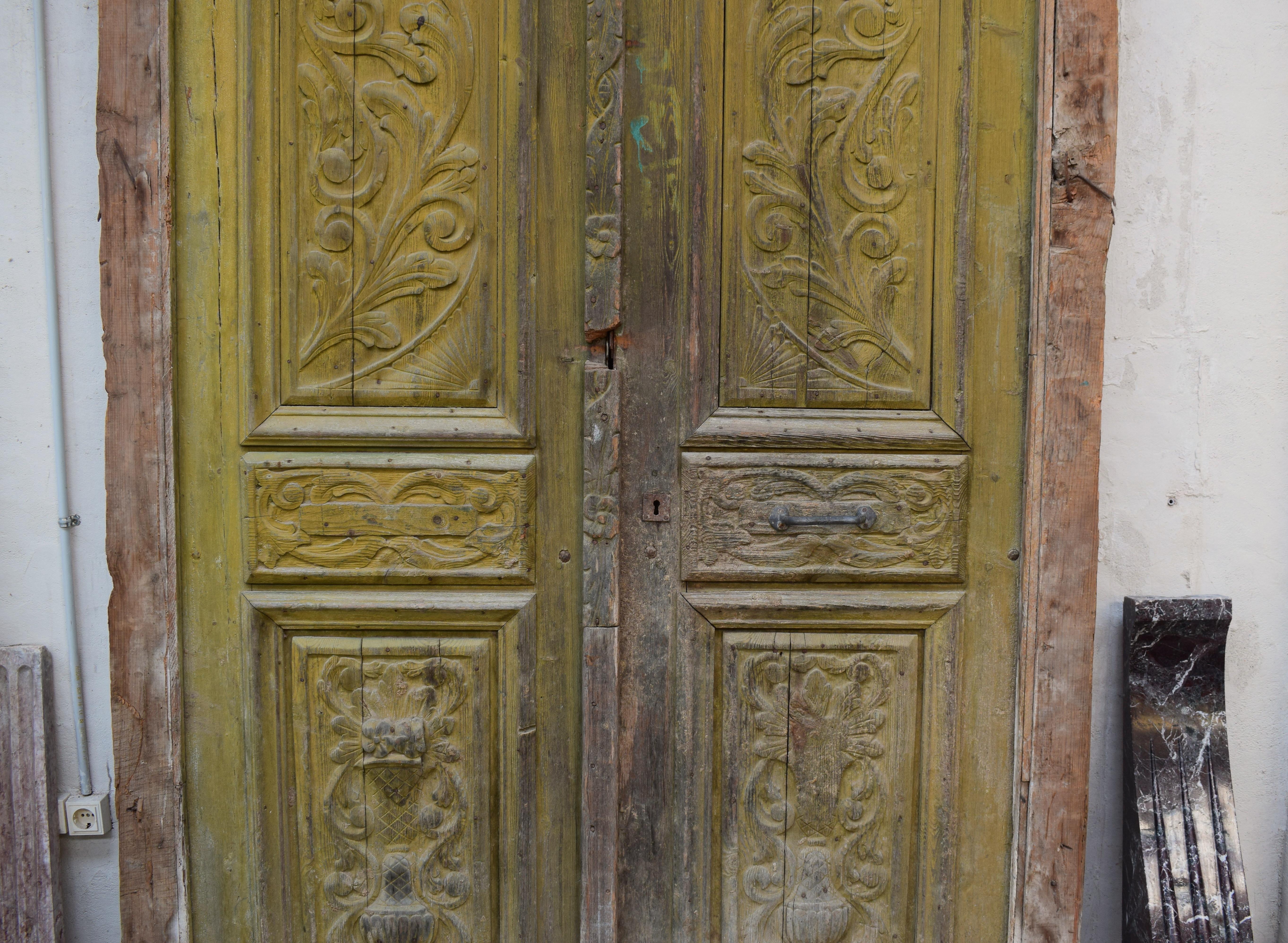 Wood Large Set of Art Nouveau Antique Exterior Doors with Carved Panels