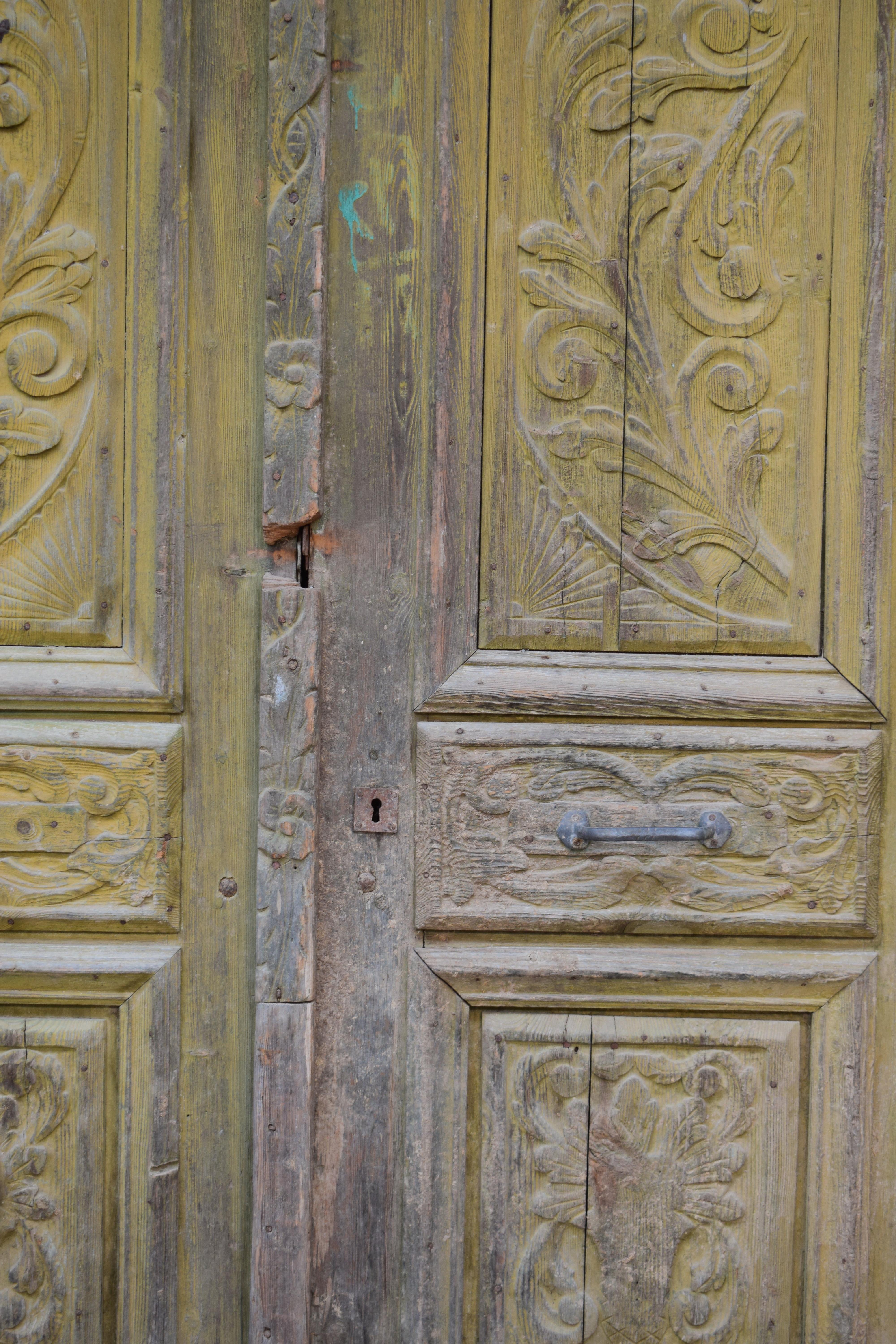 Large Set of Art Nouveau Antique Exterior Doors with Carved Panels 1