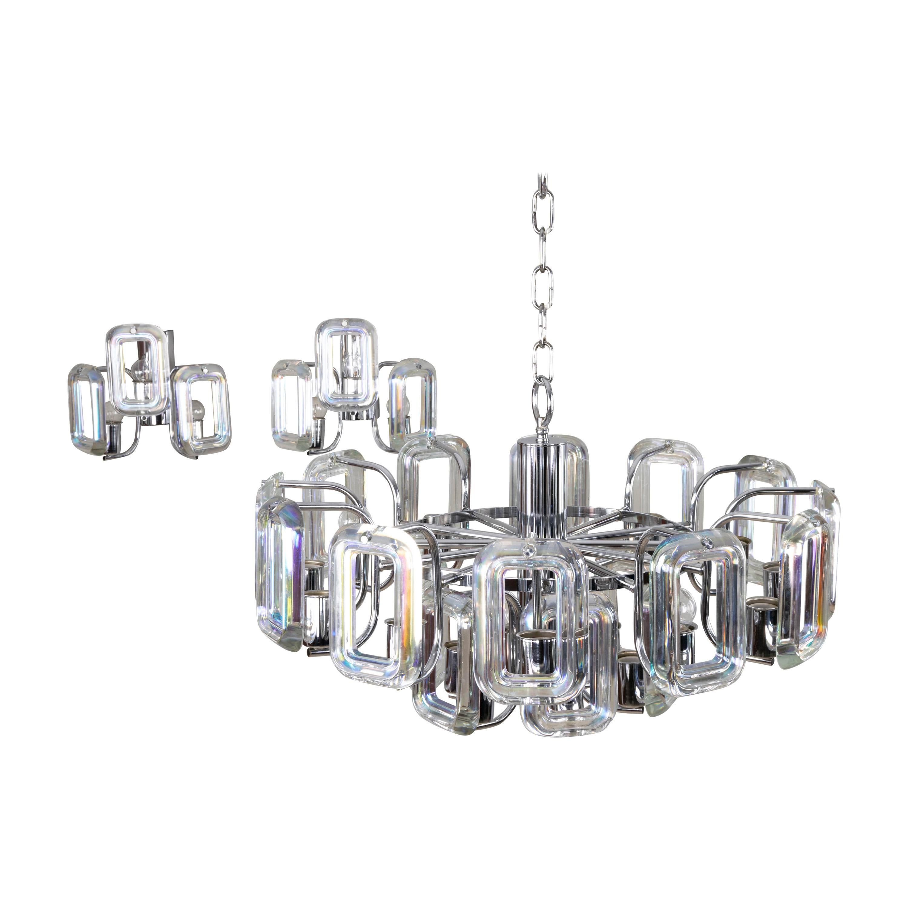 Large Set of Chandelier and Sconces of Italian Modern Iridescent Glass Links