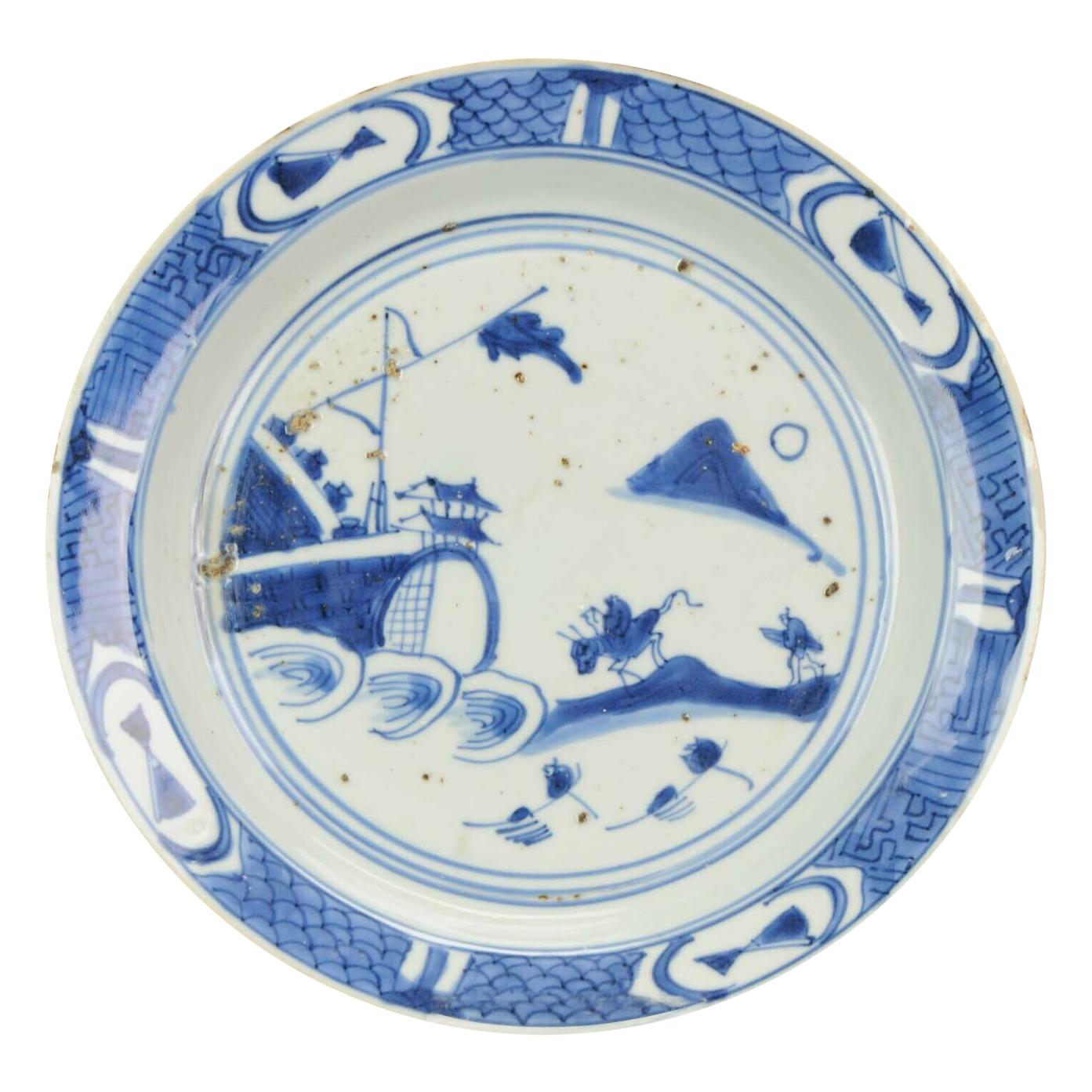 The exact selection can vary from the picture due to stock changes.

A set of 30 plates from the early 17th century. Variation on a theme. Late Ming dynasty blue and white plates with scholars, teachers, attendants, students and travellers. The