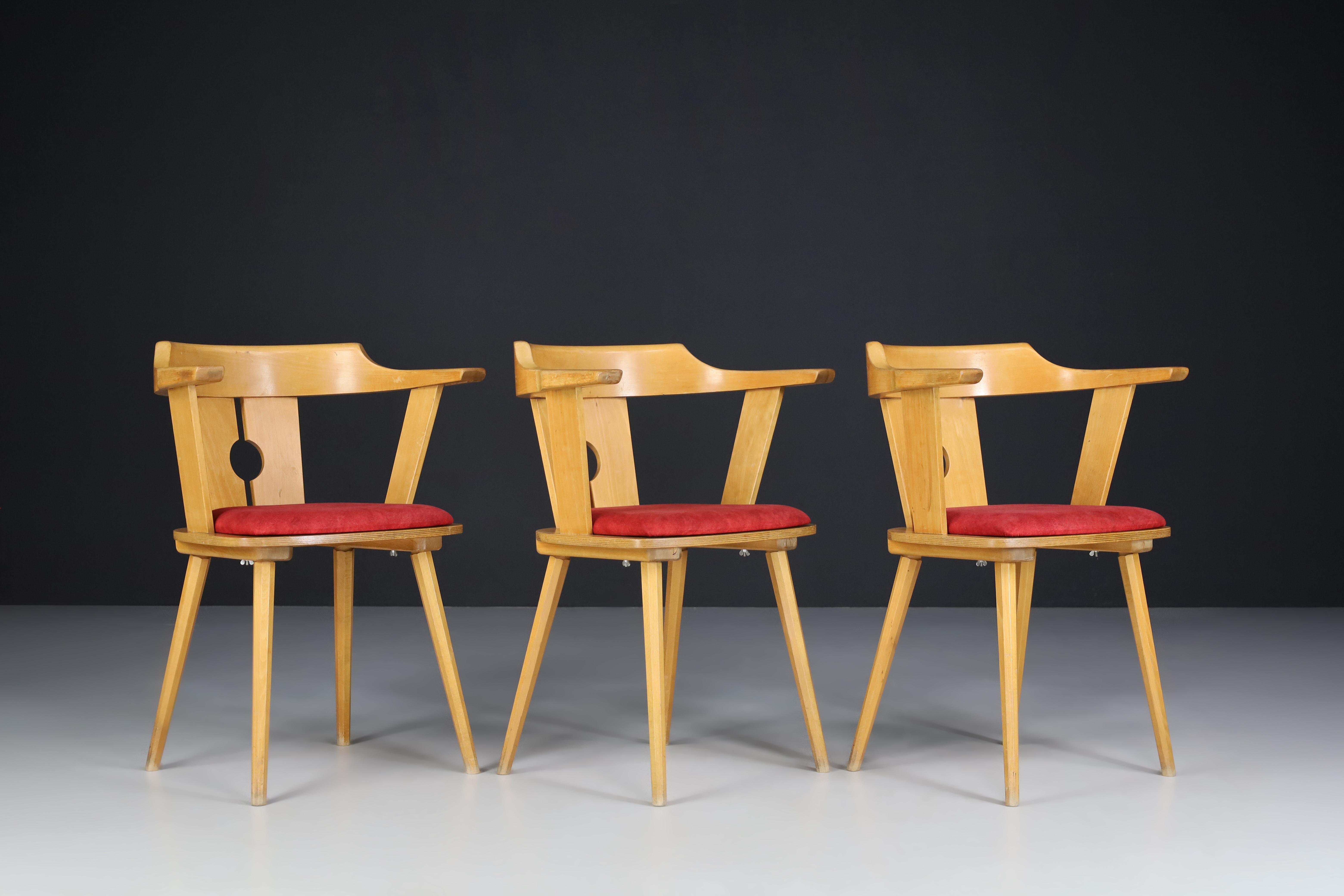 Large Set/12 of Dining Arm Chairs in Beech and Original Upholstery, France 1960s For Sale 1