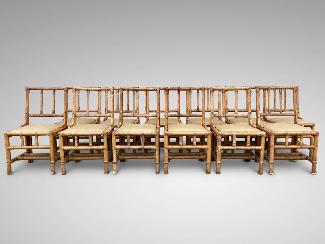 We are delighted to offer for sale this set of 12 bamboo dining chairs dating from the early 20th century. The bleached, weathered finish sets them apart from other chairs of their kind, giving them the ability to fit a wider variety of interior