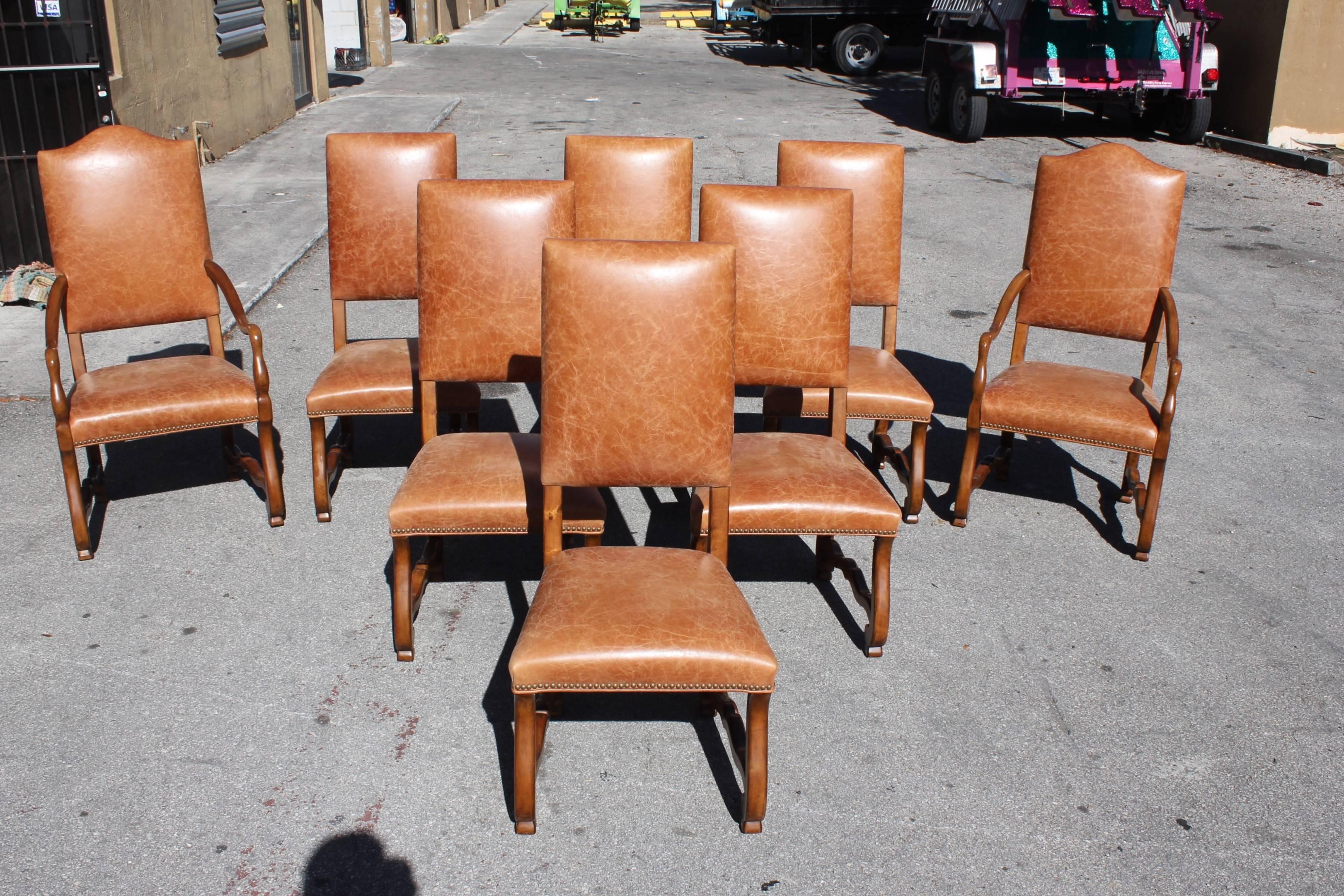 Large set of eight Louis XIII style Os de Mouton Solid Walnut dining chairs with new leather, two armchair chapeau de gendarme backs and six dining chair, total set of eight dining chair, circa 19th century, lather color are very beautiful .