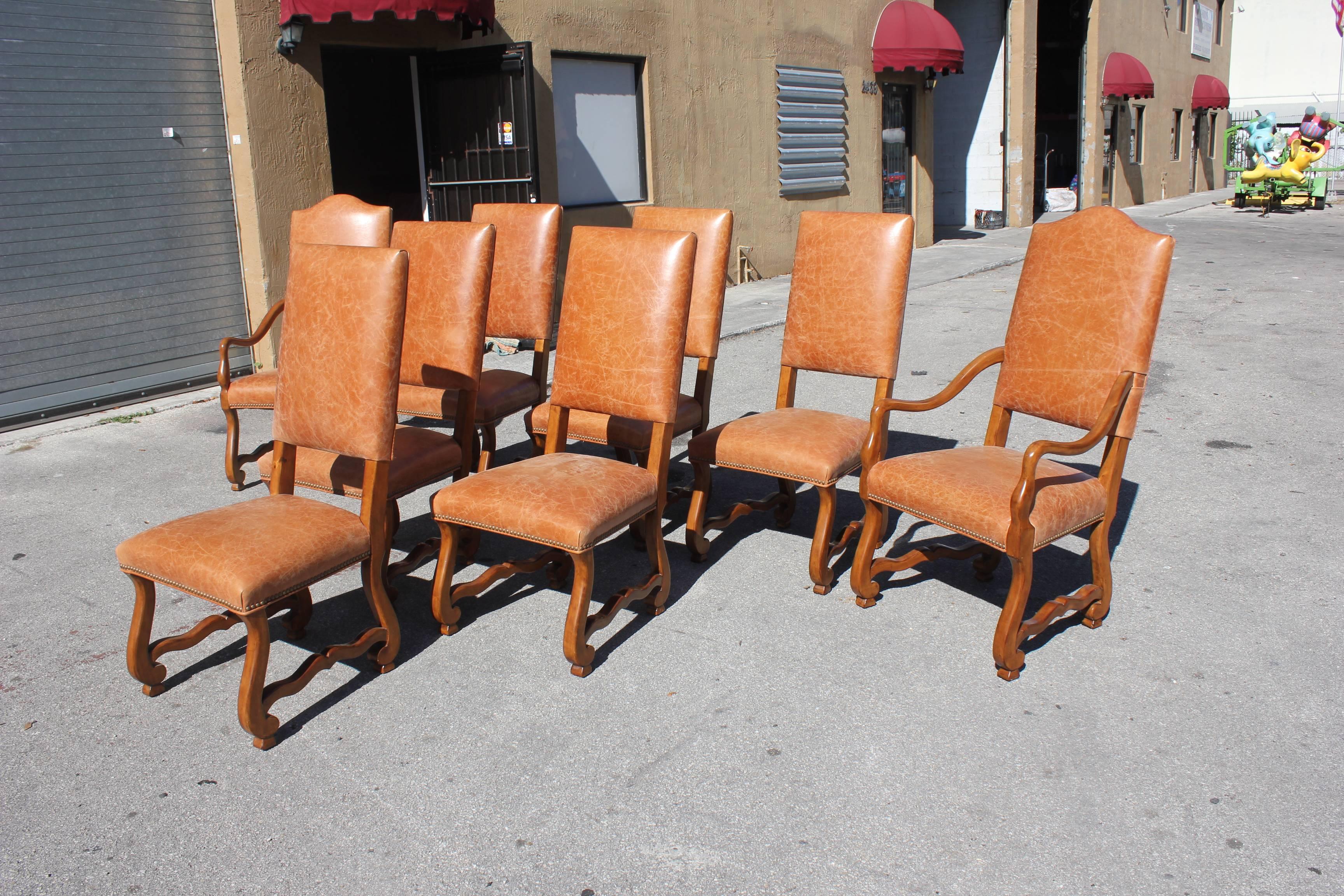 Leather Large Set of Eight French Louis XIII Style Os De Mouton Walnut Dining Chairs