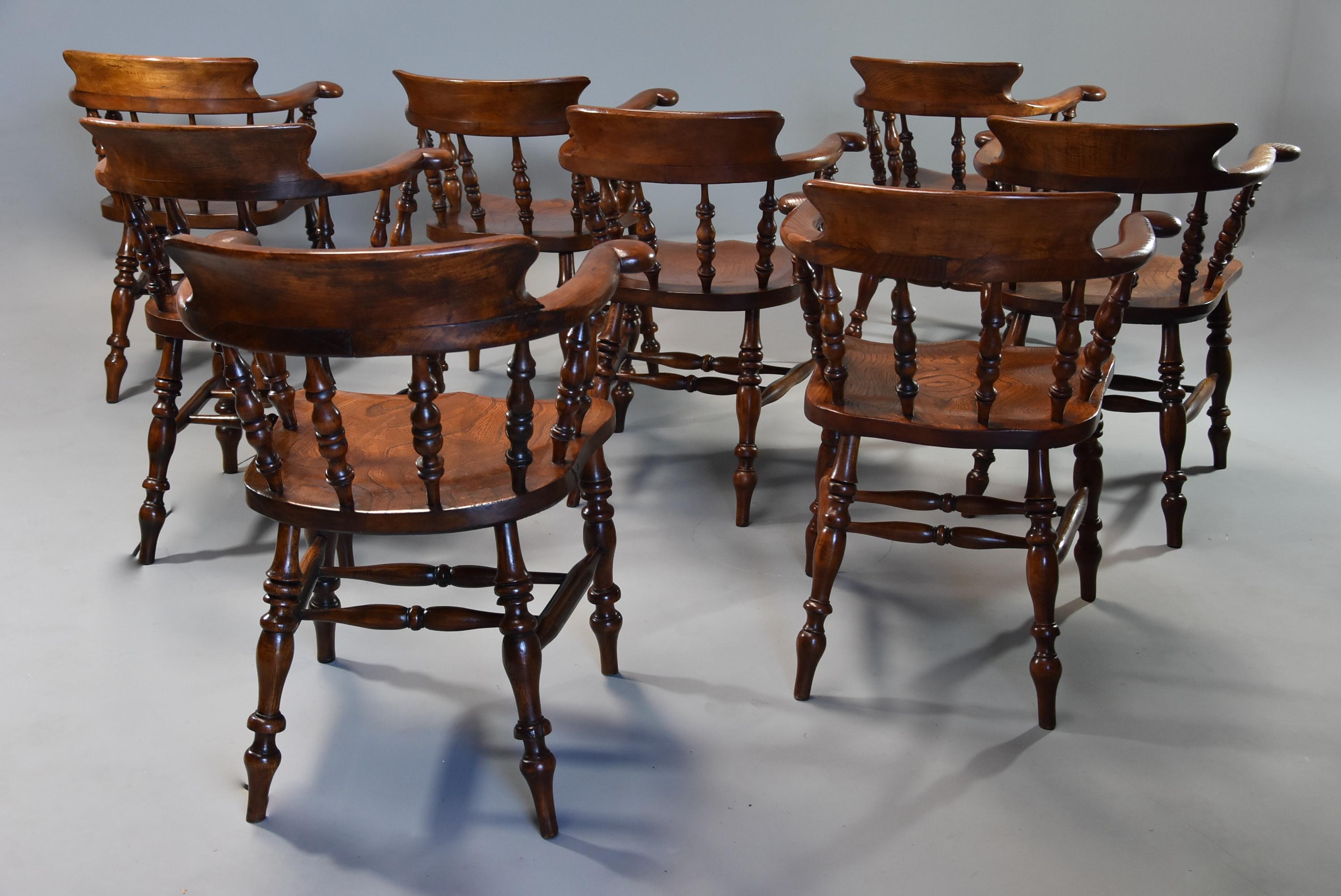 Large Set of Eight Mid-19th Century Smokers Bow Windsor Chairs or Office Chairs 5