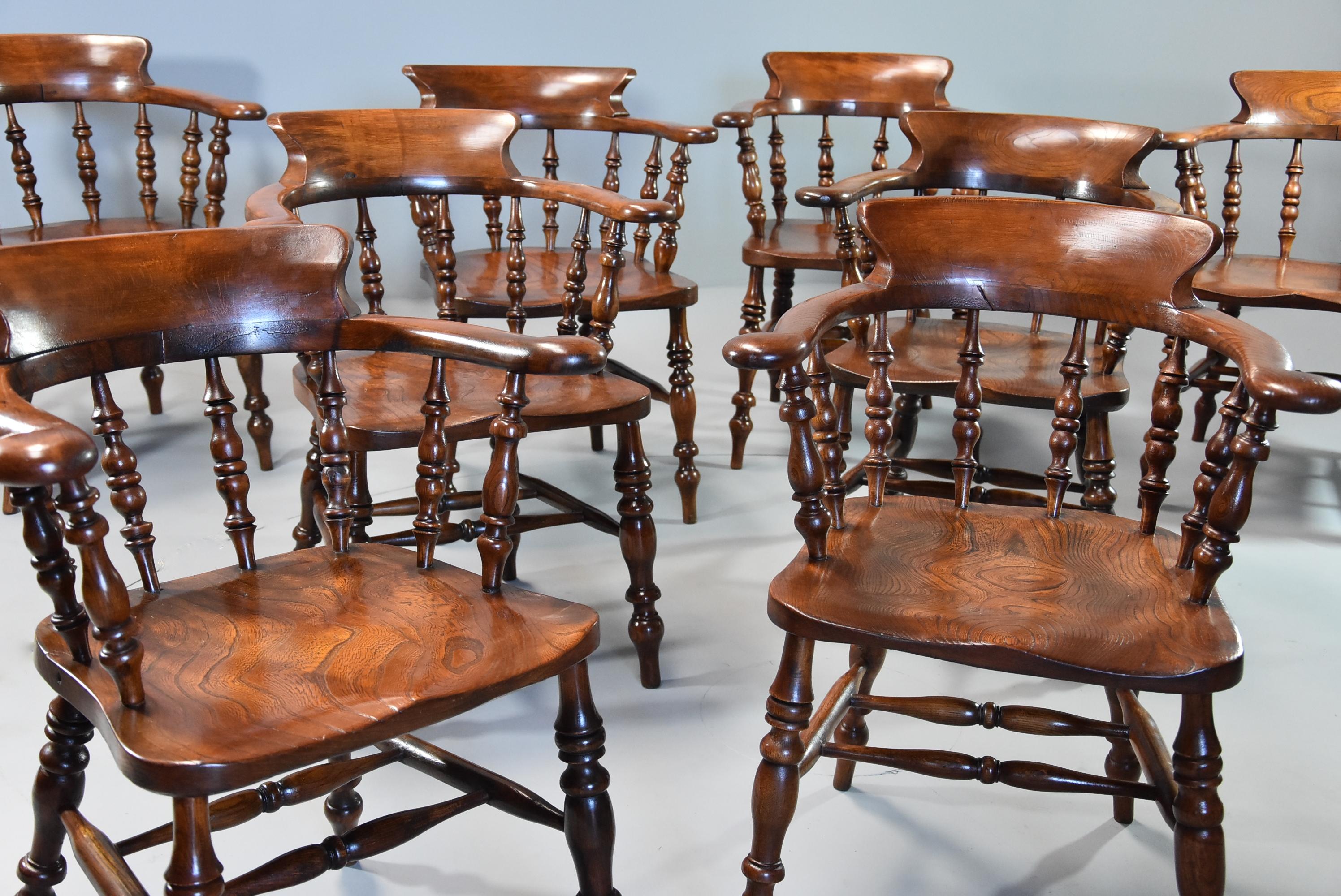 English Large Set of Eight Mid-19th Century Smokers Bow Windsor Chairs or Office Chairs