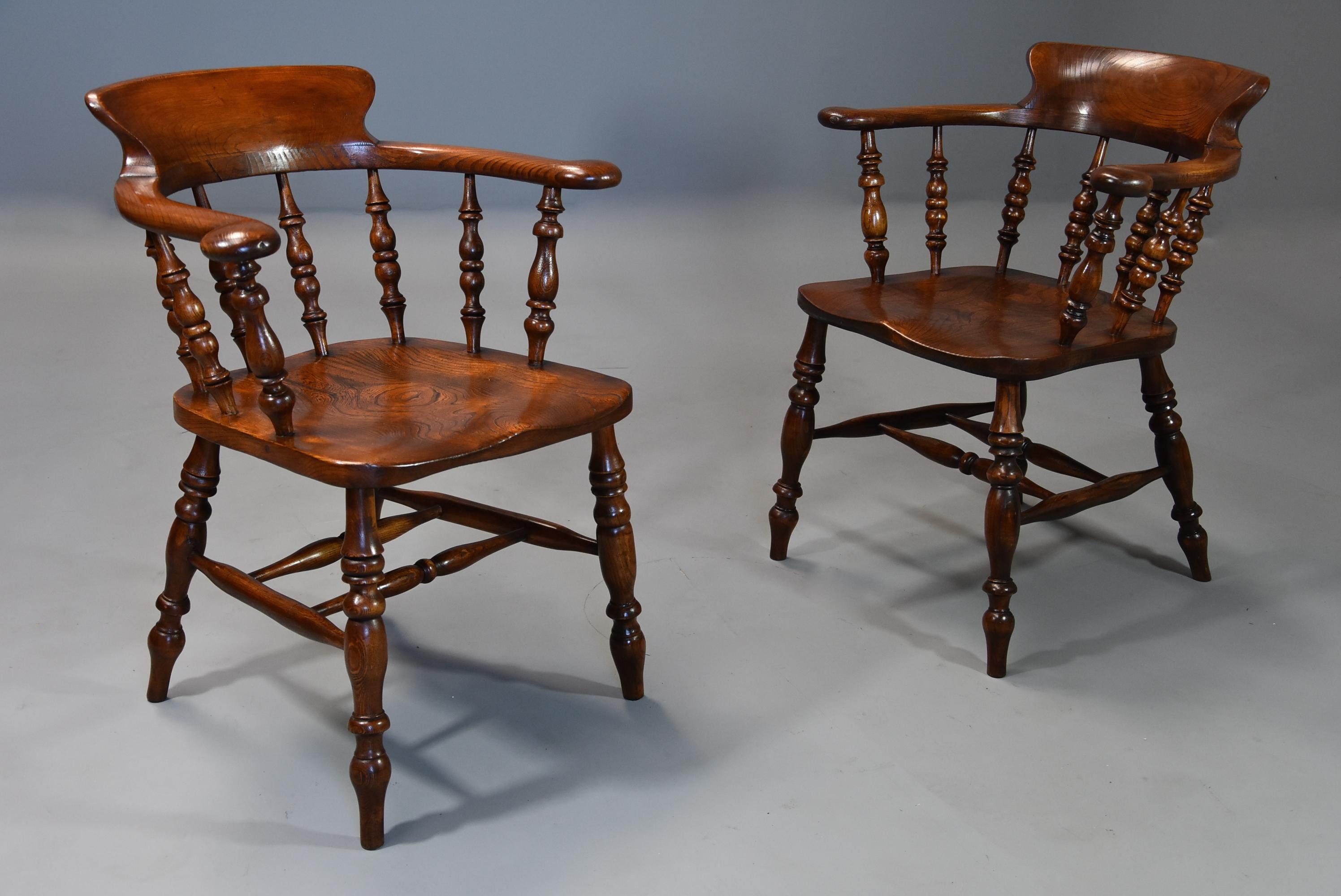 Large Set of Eight Mid-19th Century Smokers Bow Windsor Chairs or Office Chairs In Good Condition In Suffolk, GB