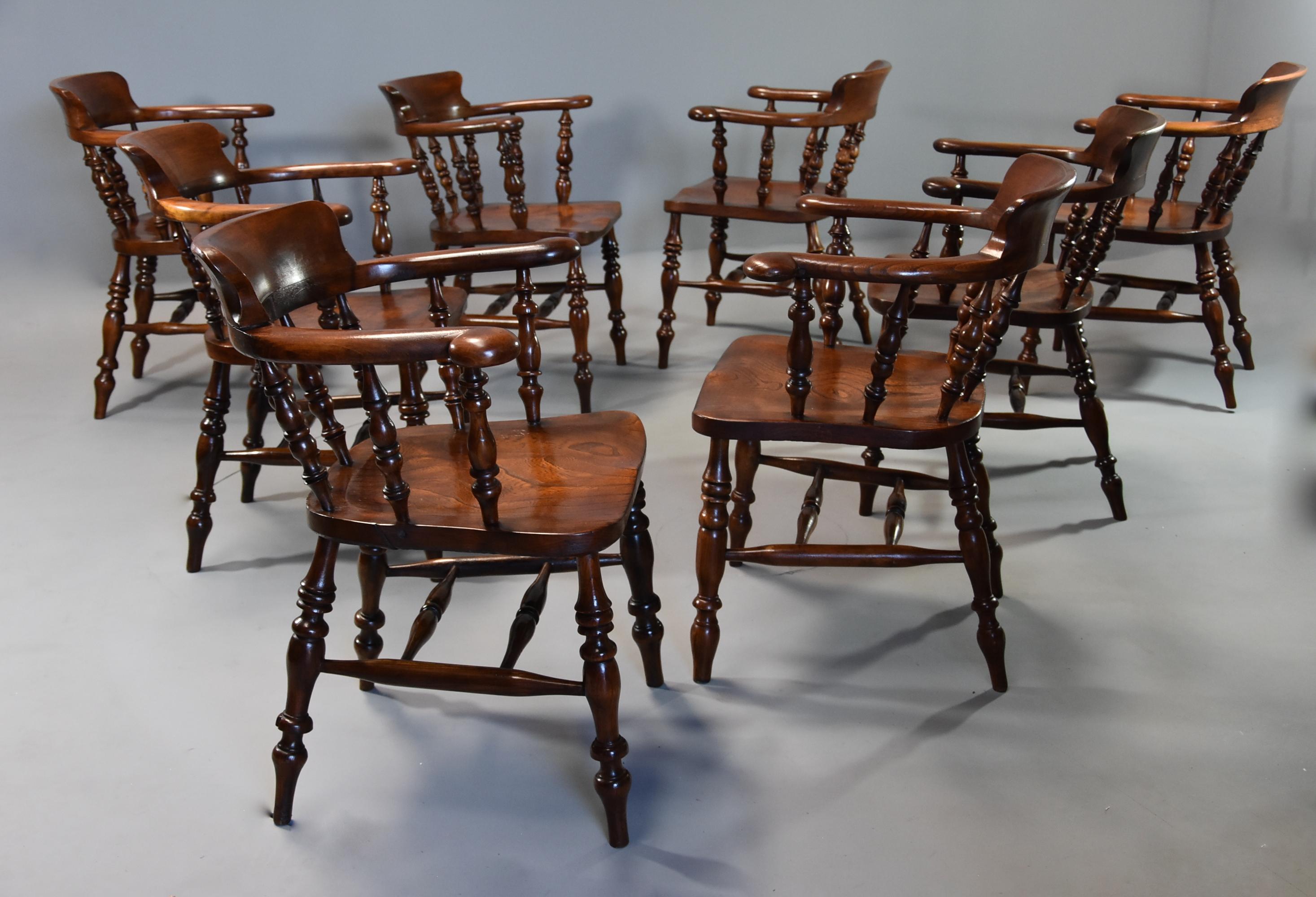 Large Set of Eight Mid-19th Century Smokers Bow Windsor Chairs or Office Chairs 3