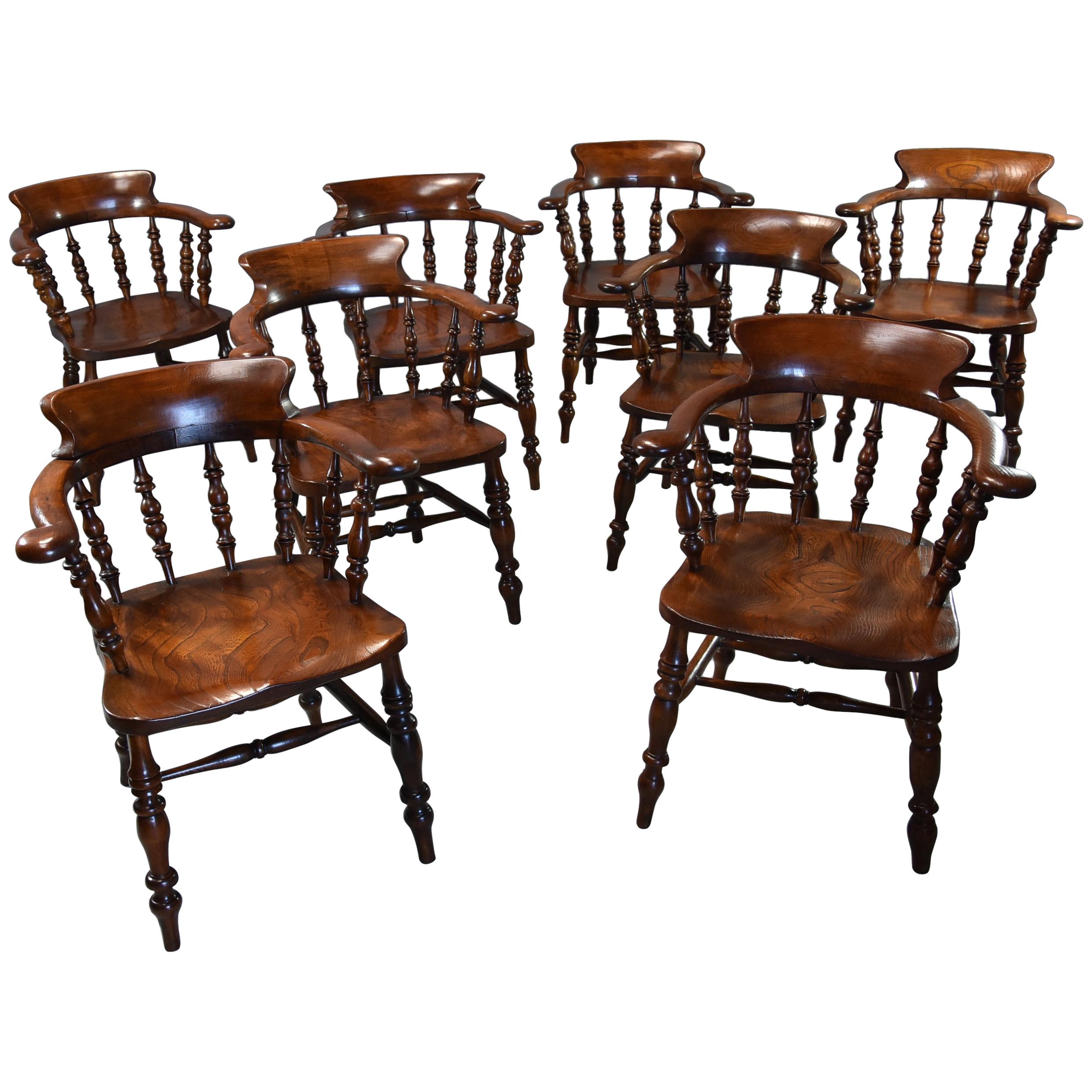 Large Set of Eight Mid-19th Century Smokers Bow Windsor Chairs or Office Chairs