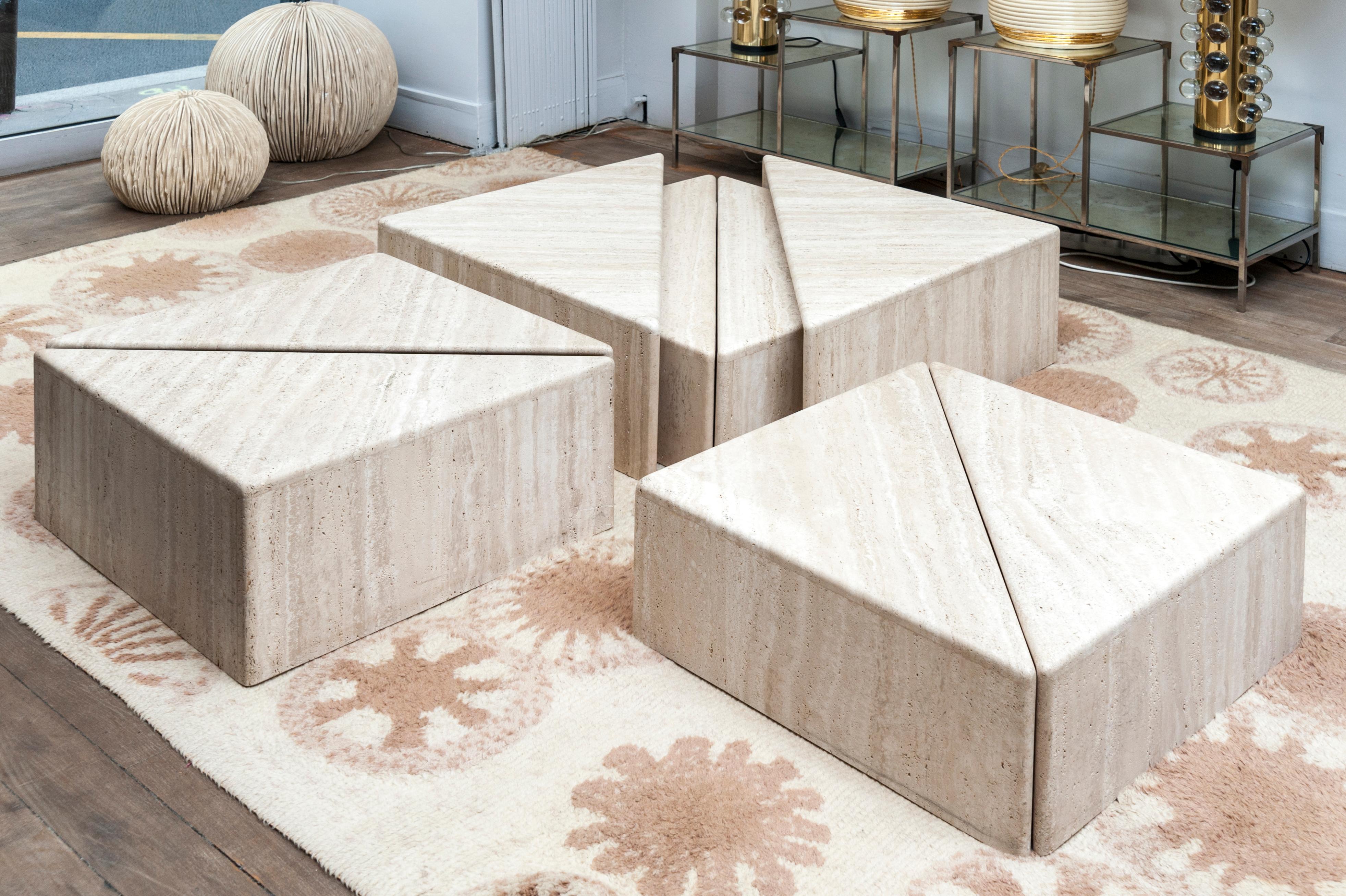 Mid-Century Modern Large Set of Eight Travertine Elements Forming One or More Coffee Tables