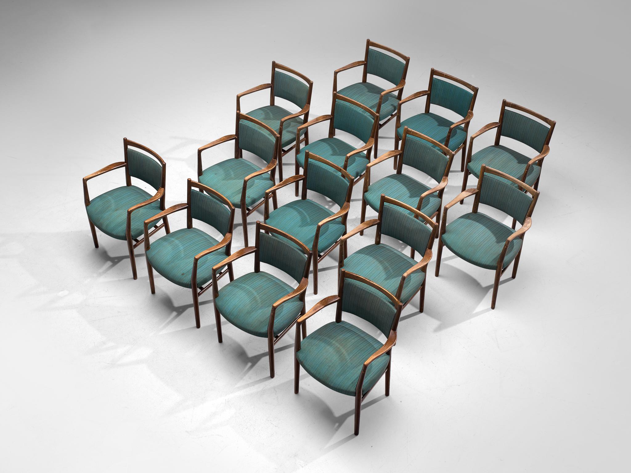 Large Set of Fourteen Danish Armchairs with Turquois Upholstery (Skandinavische Moderne)