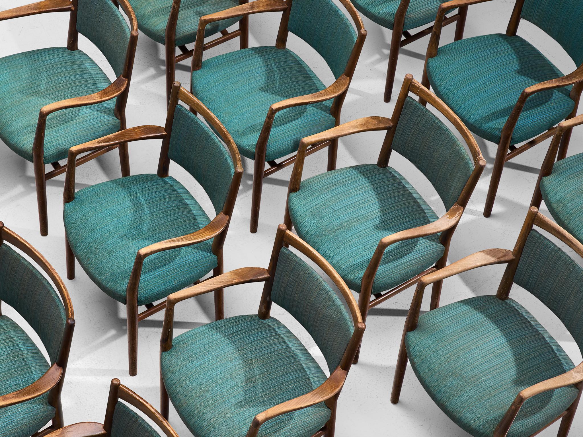 Large Set of Fourteen Danish Armchairs with Turquois Upholstery (Dänisch)