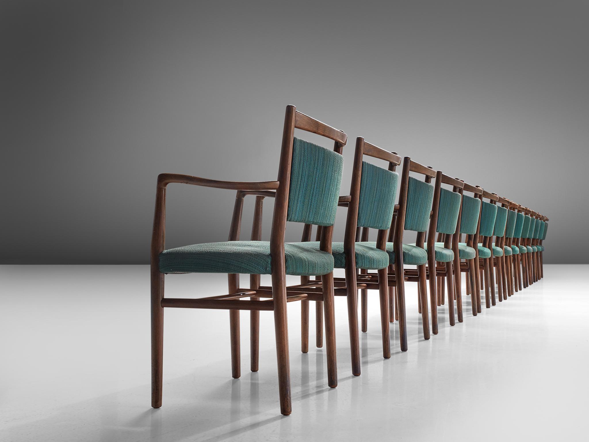 Large Set of Fourteen Danish Armchairs with Turquois Upholstery (Mitte des 20. Jahrhunderts)