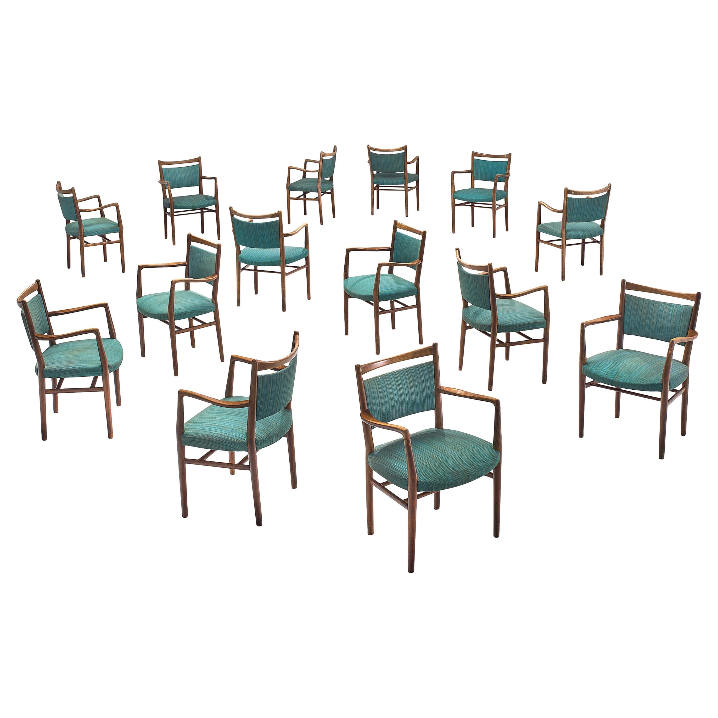 Large Set of Fourteen Danish Armchairs with Turquois Upholstery