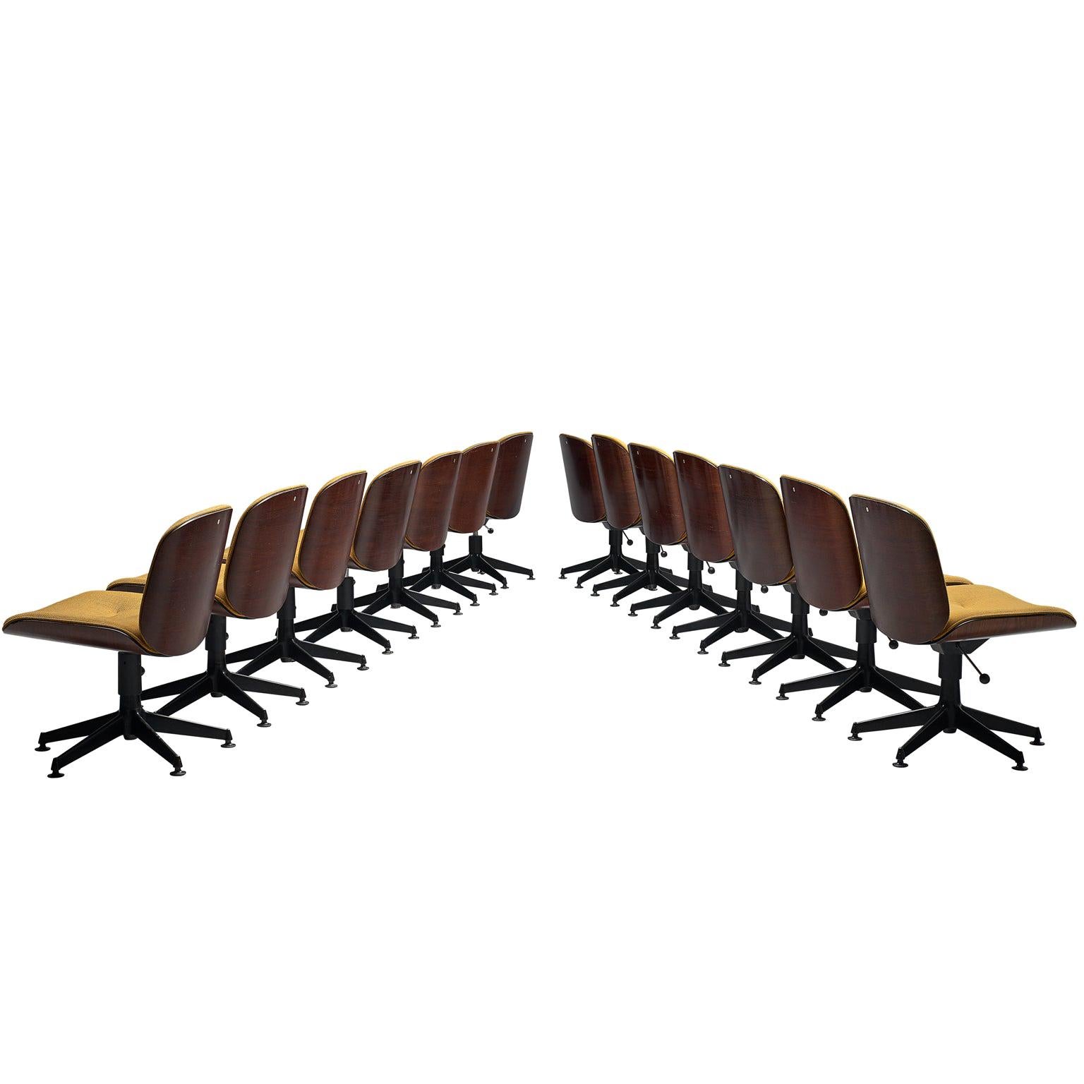 Large Set of Fourteen Rosewood Swivel Chairs by Ico Parisi for MIM Roma