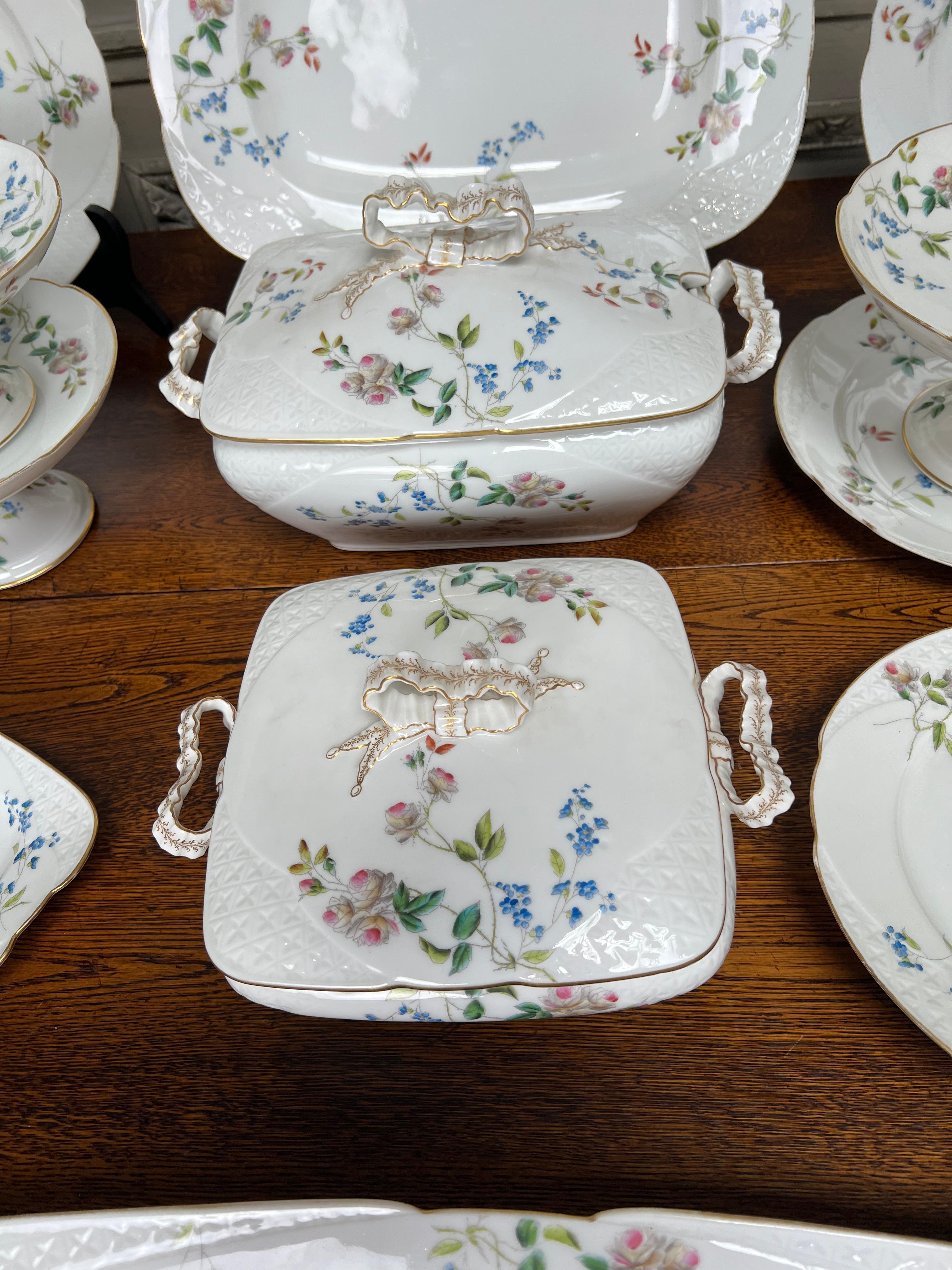 Gilt Large Set of French Louis XV Style Porcelain Tableware with Pink and Blue For Sale
