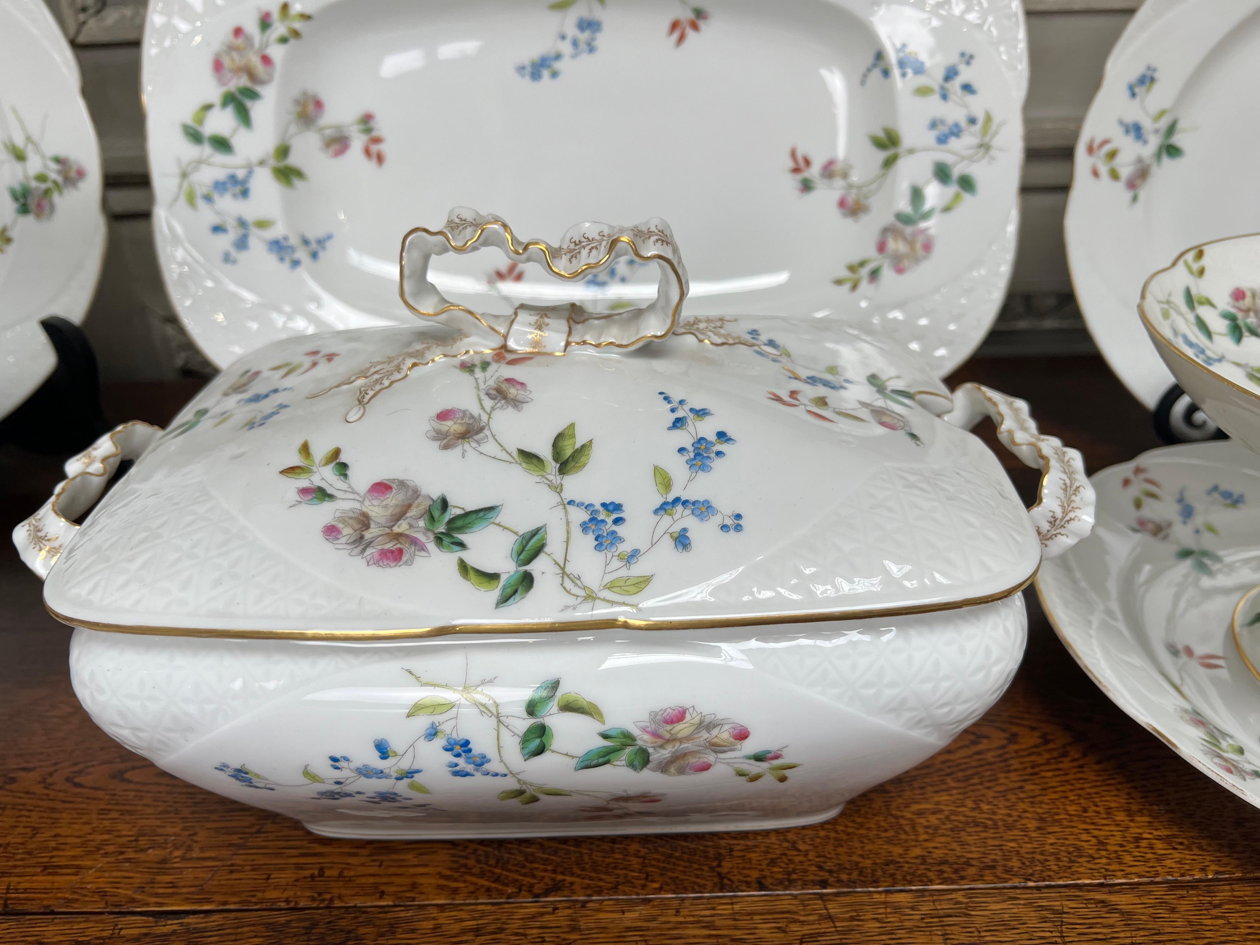 Large Set of French Louis XV Style Porcelain Tableware with Pink and Blue In Good Condition For Sale In Dallas, TX