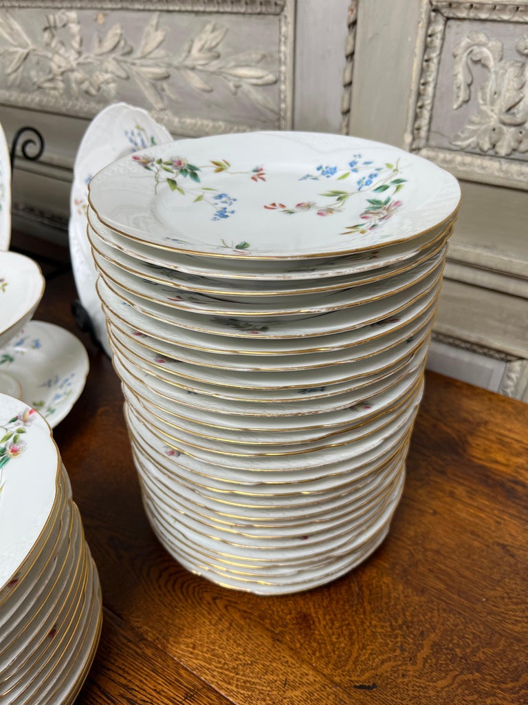 Gran Juego de Vajilla de Porcelana Francesa Estilo Luis XV con Rosa y Azul