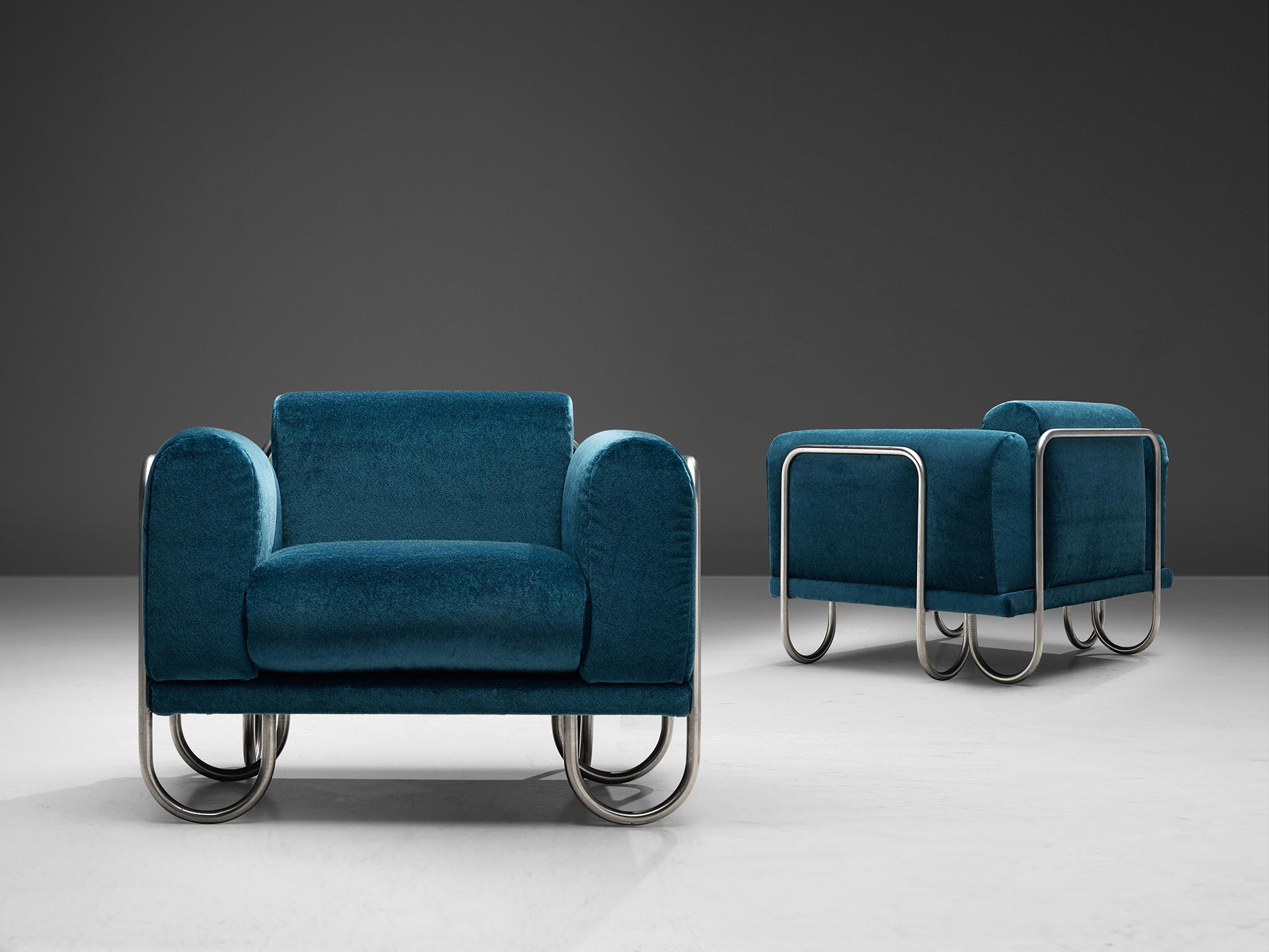 Large set of club chairs, fabric and metal, France, 1970s

A set of comfortable, reupholstered easy chairs that features a curved, chromed tubular frame. The frame appears to be an on-going curved line, moving upwards to support the cushions and