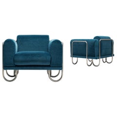 Large Set of French Lounge Chairs with Tubular Frames